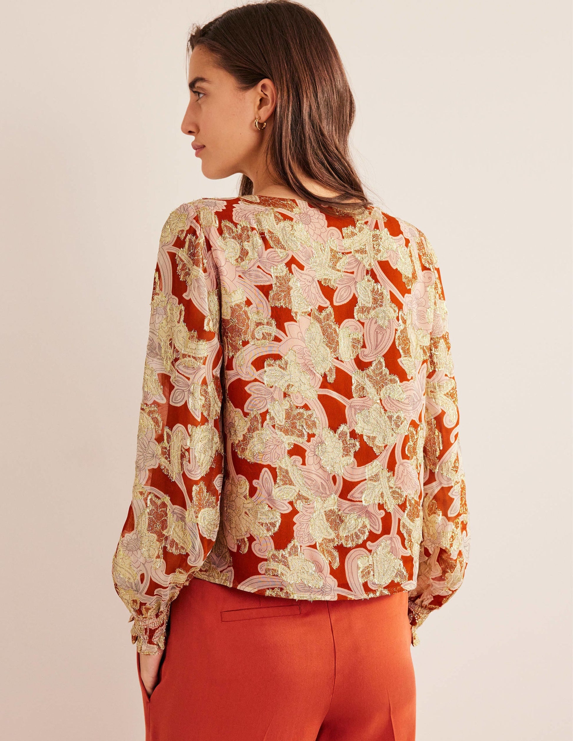 V Neck Jacquard Top-Rust, Paisley Whirl-2