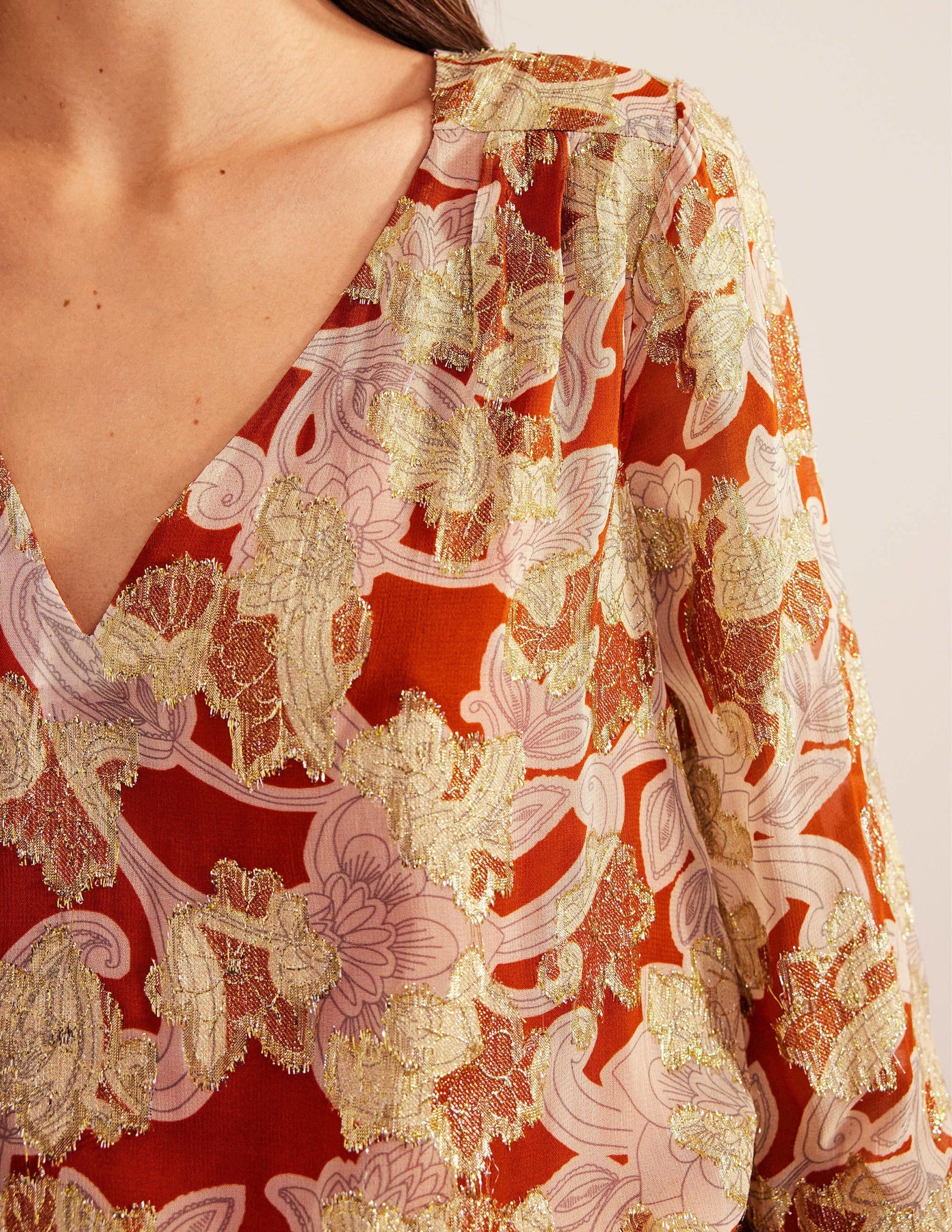 V Neck Jacquard Top-Rust, Paisley Whirl-3