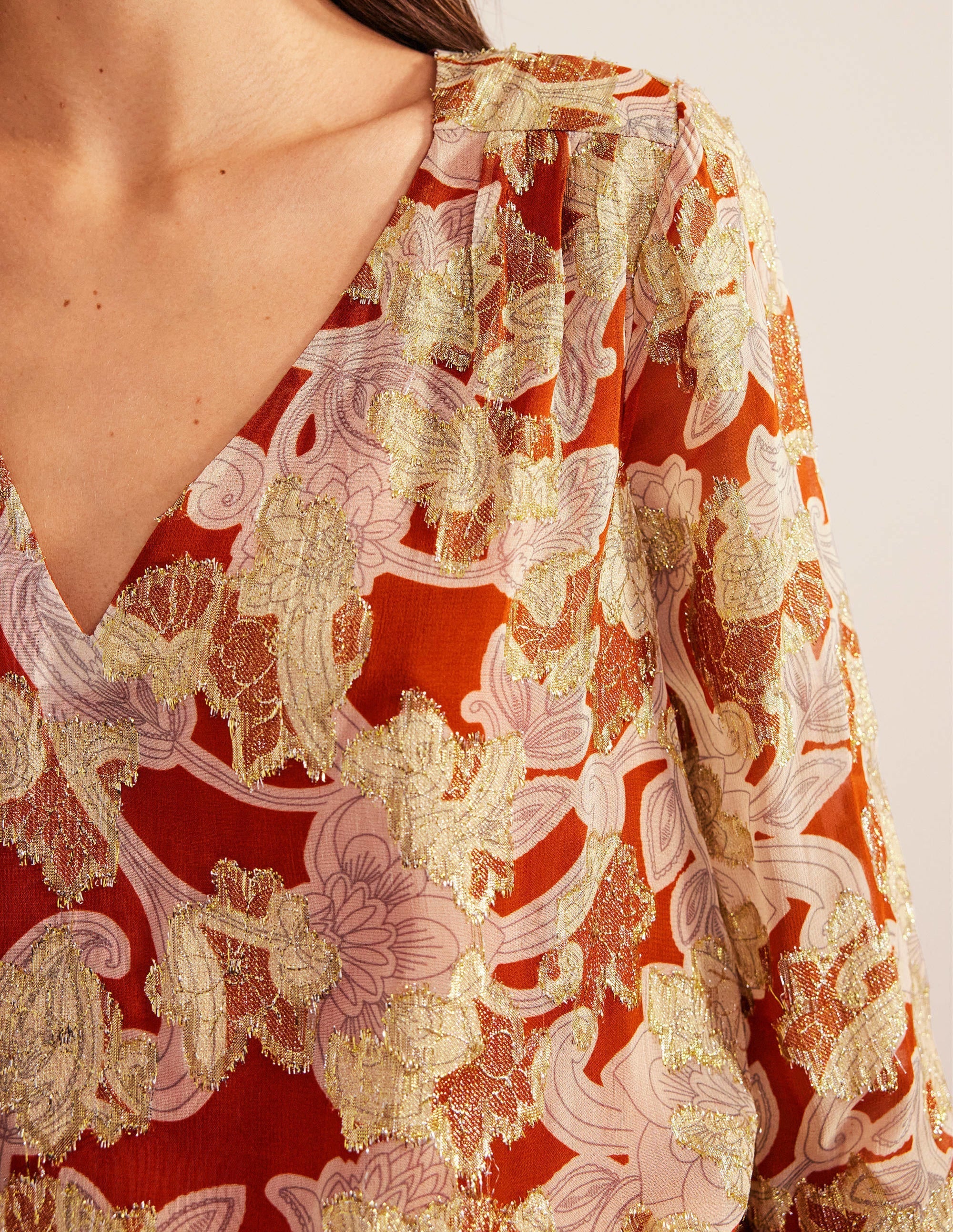 V Neck Jacquard Top-Rust, Paisley Whirl - Image 3