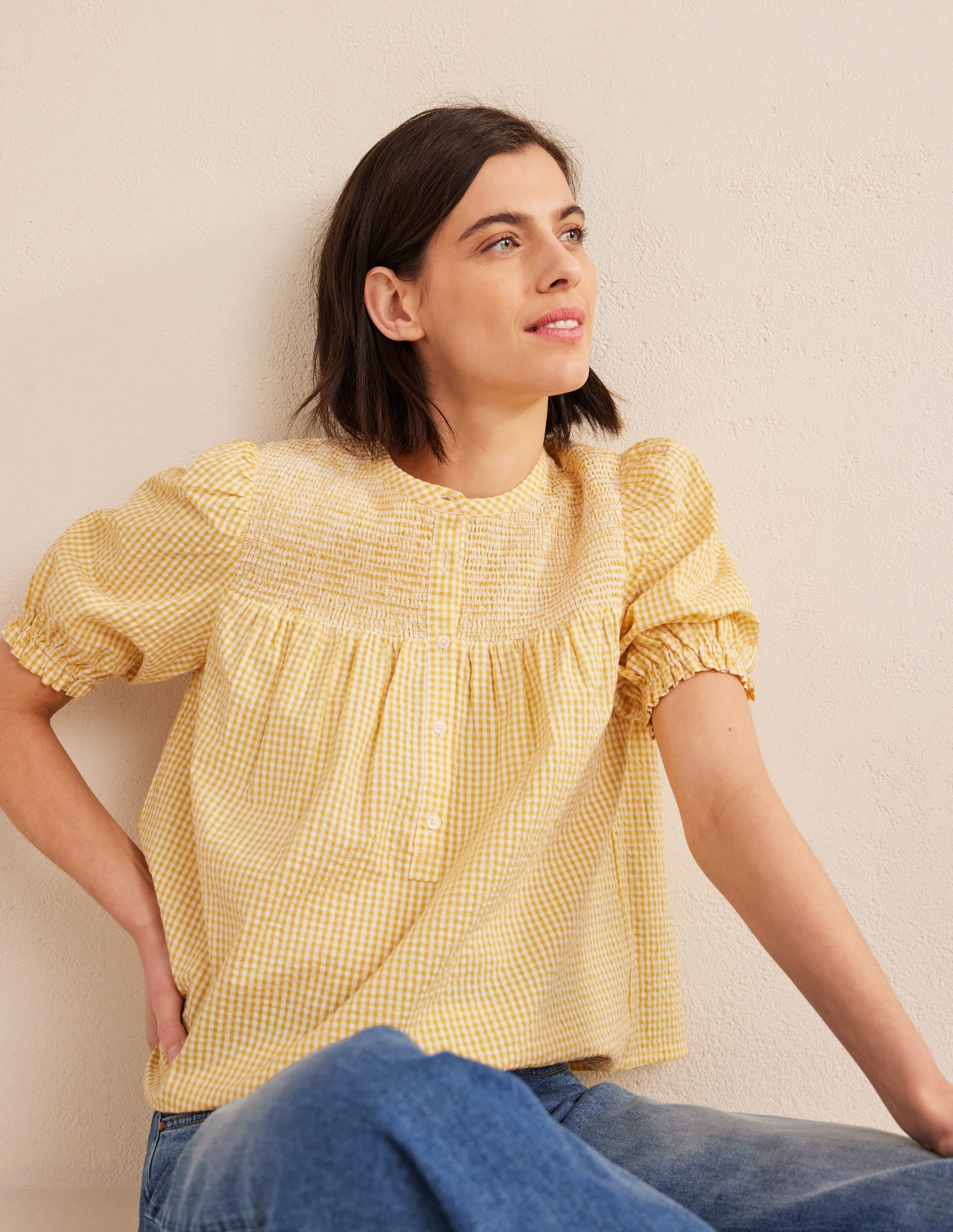 Puff Sleeve Seersucker Popover-Sweet Honeycomb Gingham - Image 1