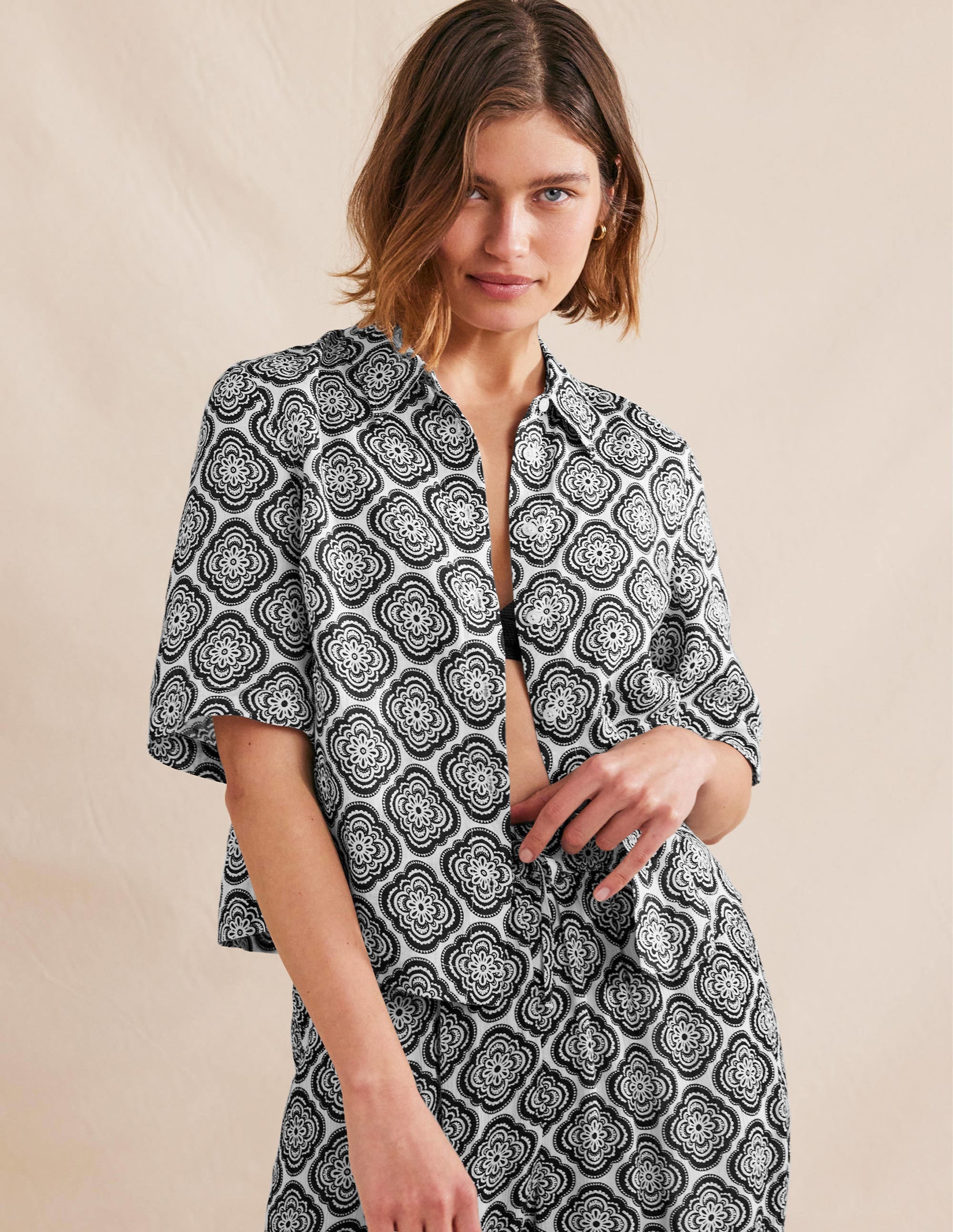 Short Sleeve Linen Shirt-Black, Botanic Blush - Image 1