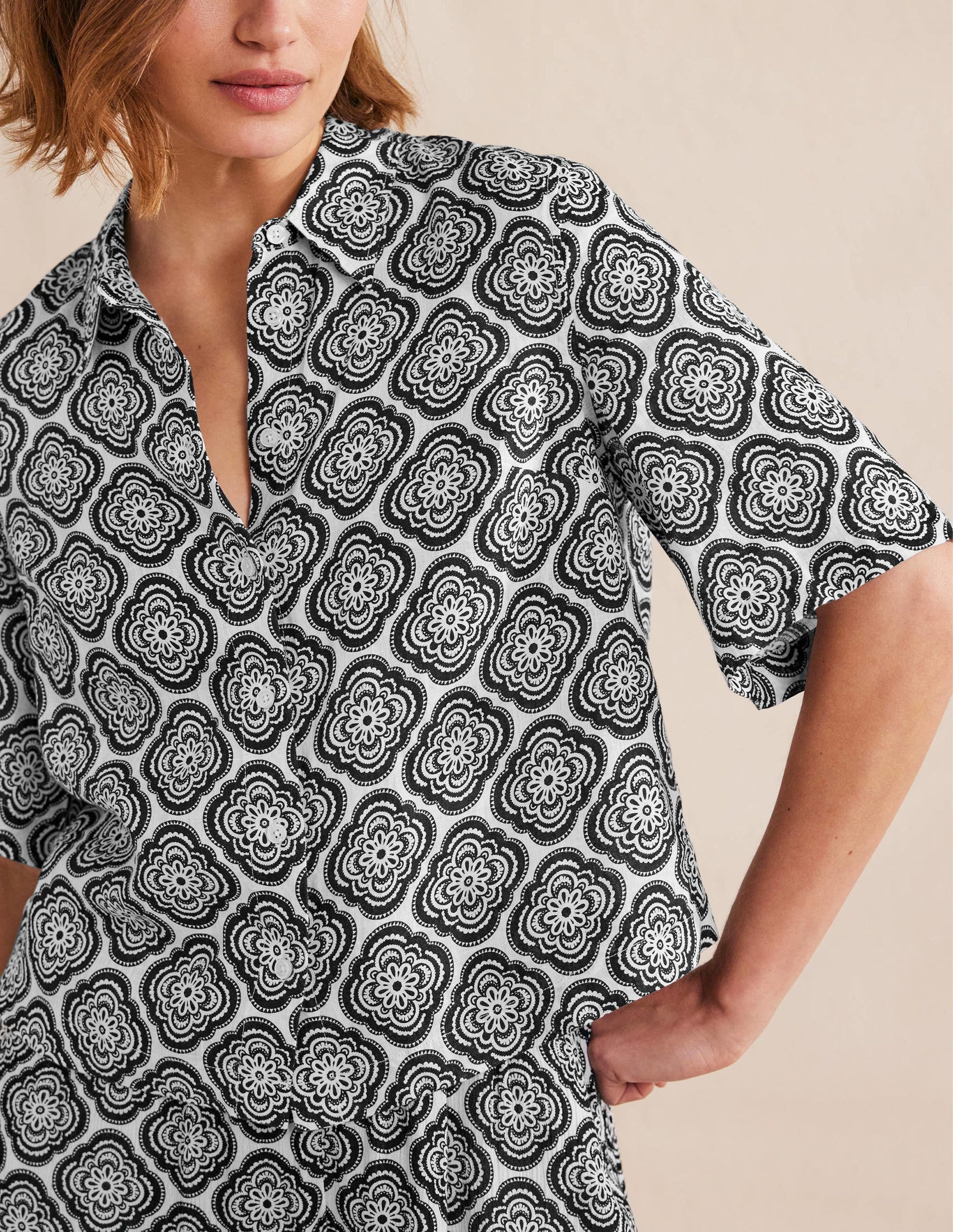 Short Sleeve Linen Shirt-Black, Botanic Blush-2