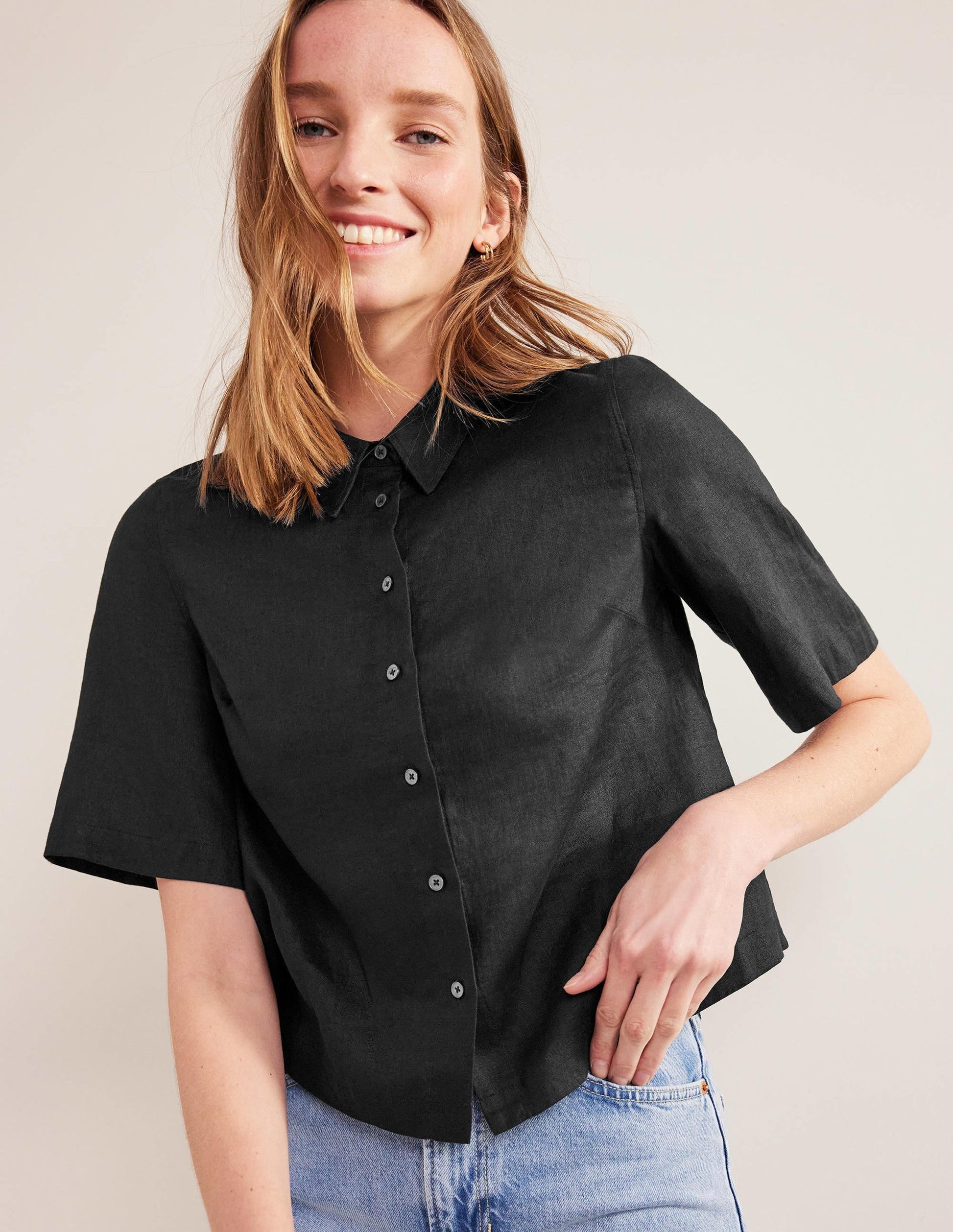 Short Sleeve Linen Shirt-Black-1