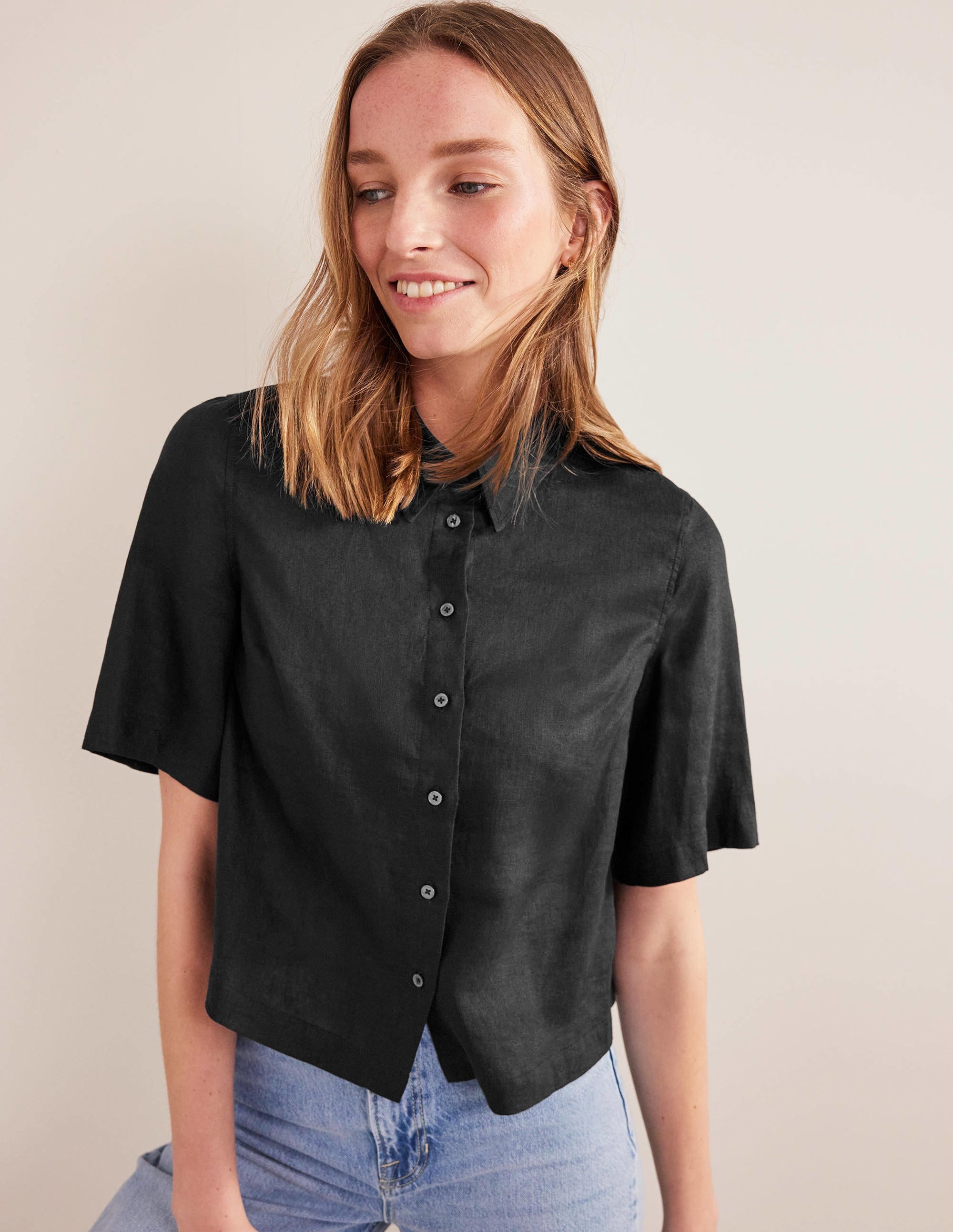 Short Sleeve Linen Shirt-Black - Image 4