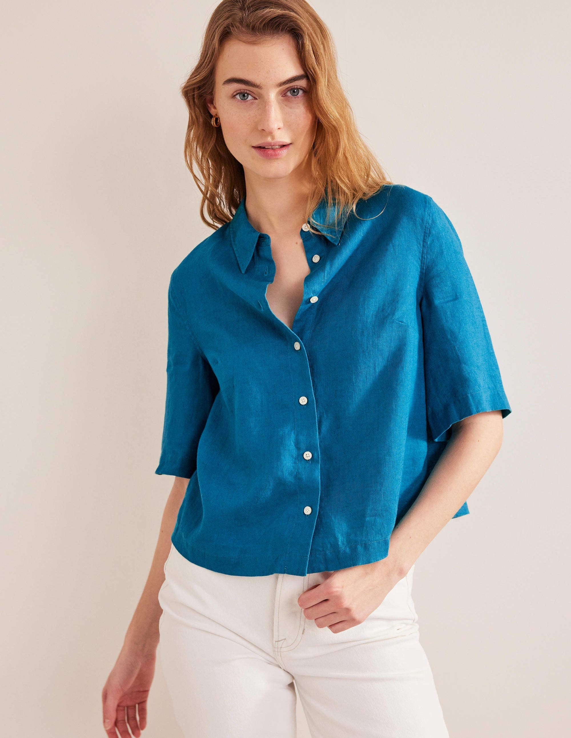 Short Sleeve Linen Shirt-Crystal Teal - Image 4