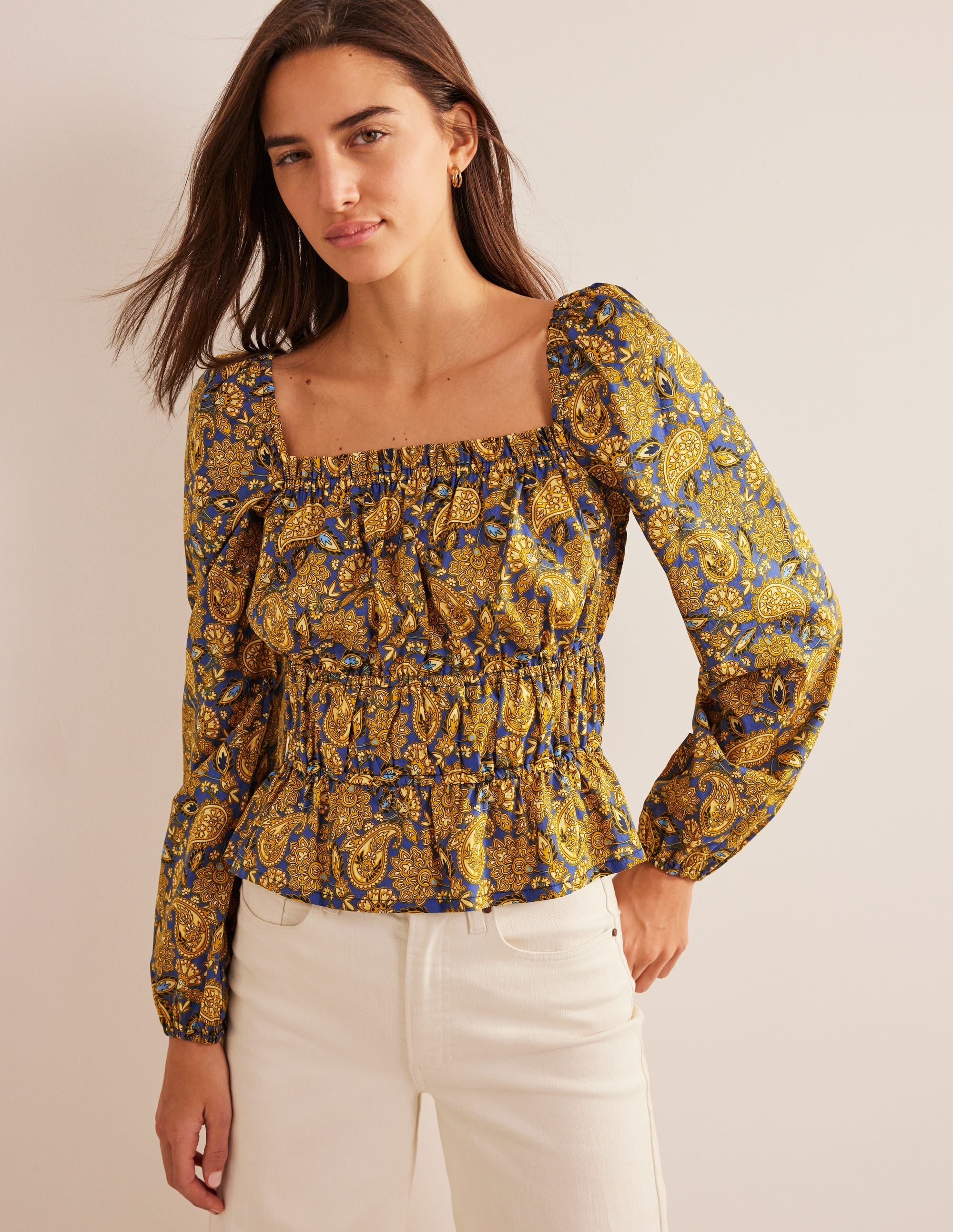Ruched Waist Peplum Top-Harvest Gold, Paisley Terrace - Image 1