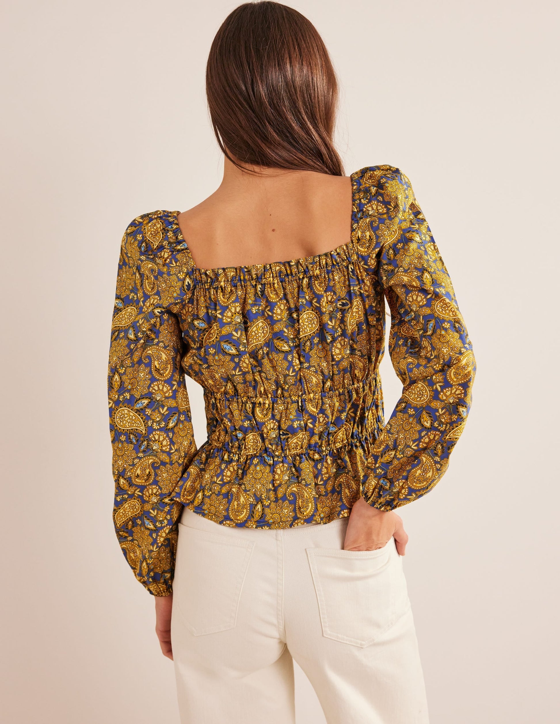 Ruched Waist Peplum Top-Harvest Gold, Paisley Terrace-3