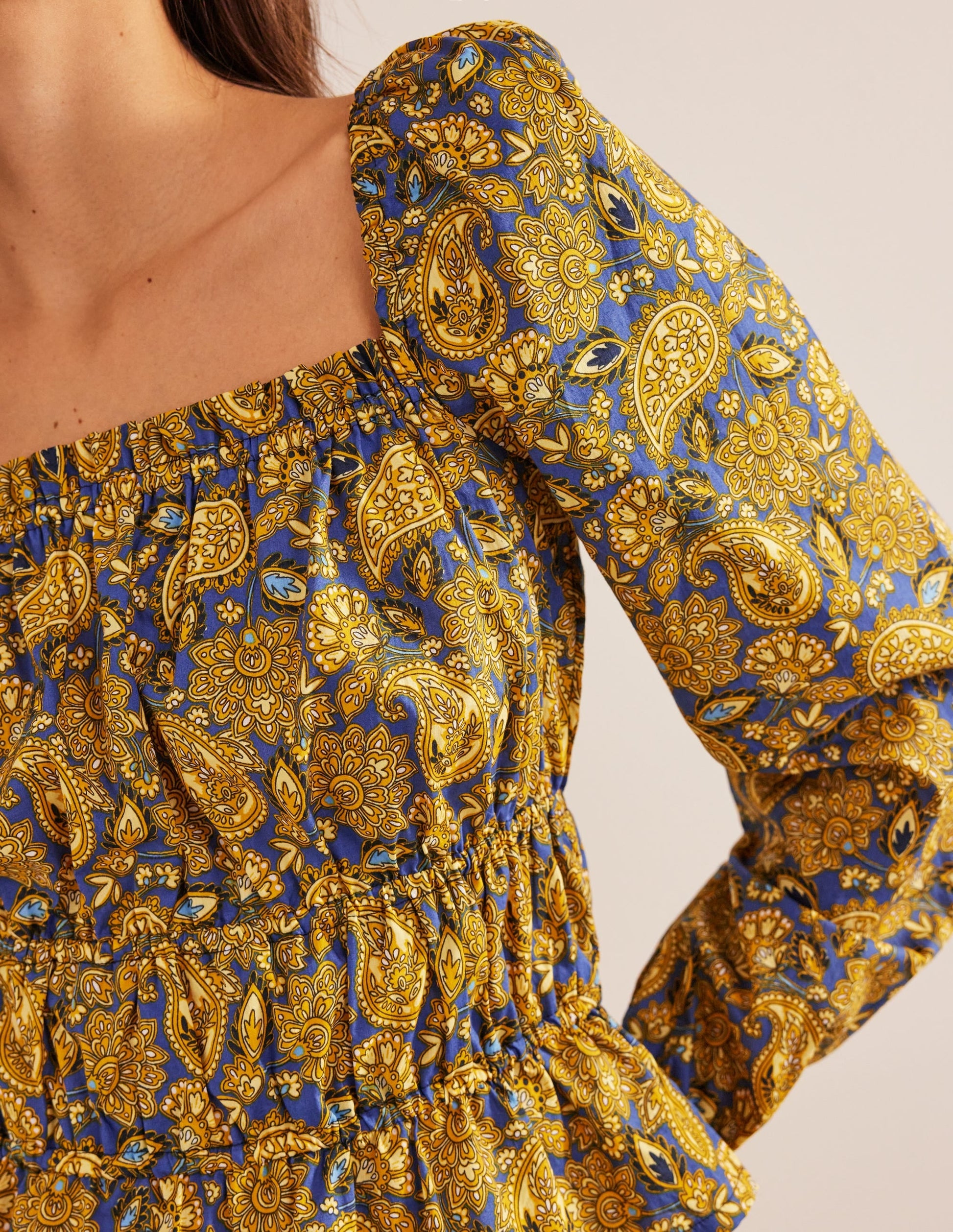 Ruched Waist Peplum Top-Harvest Gold, Paisley Terrace-4