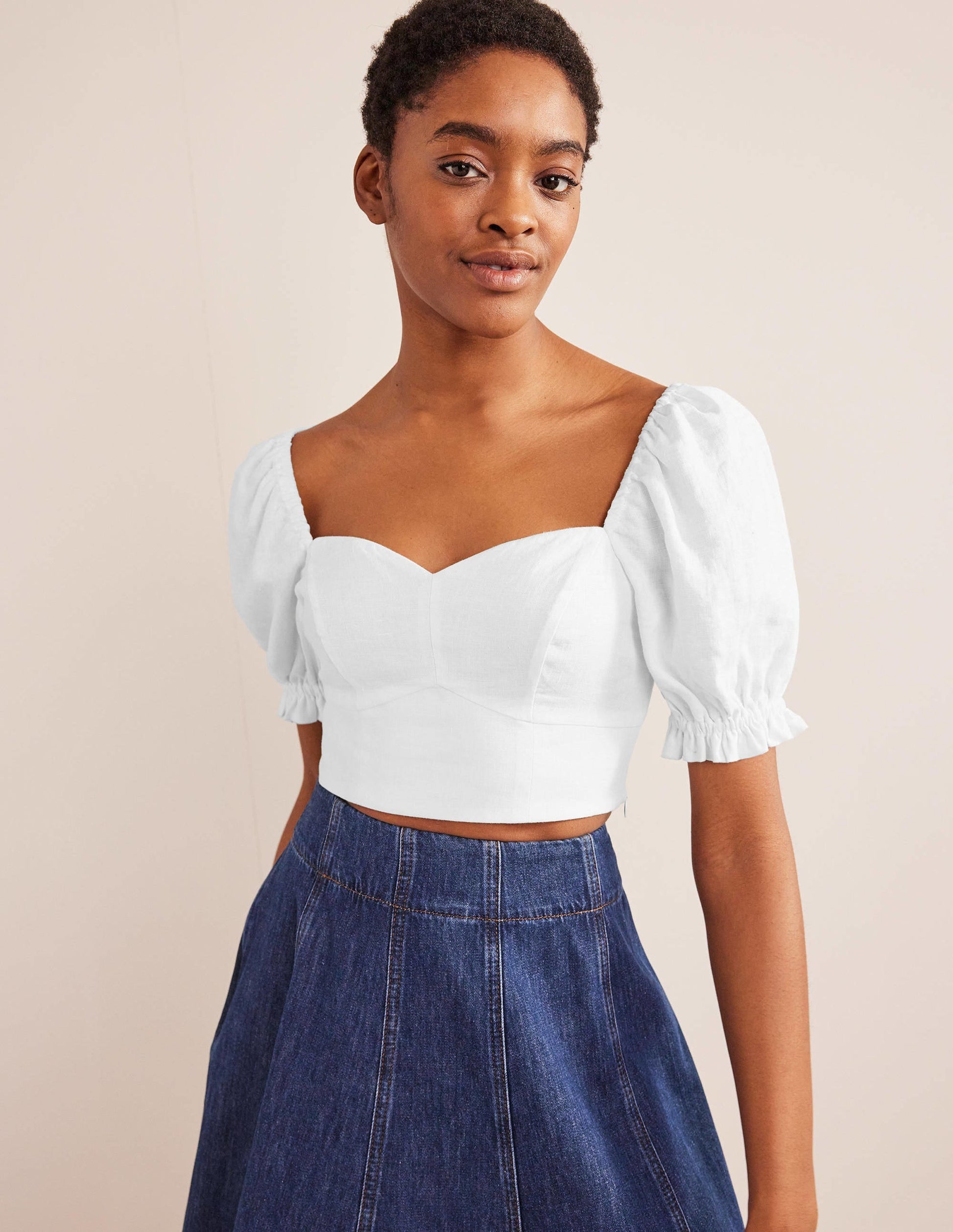 Sweetheart Linen Cropped Top-White-1