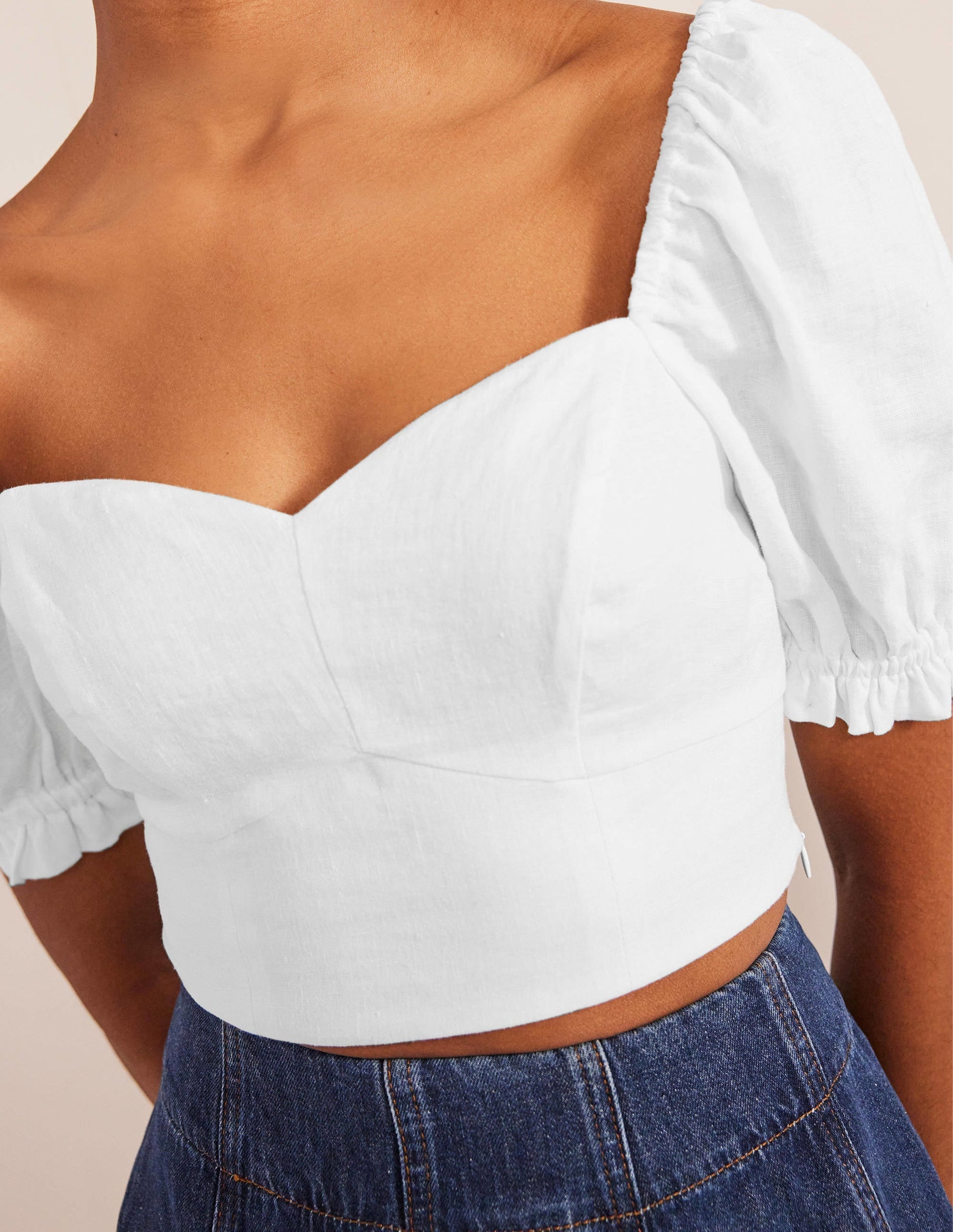 Sweetheart Linen Cropped Top-White-2