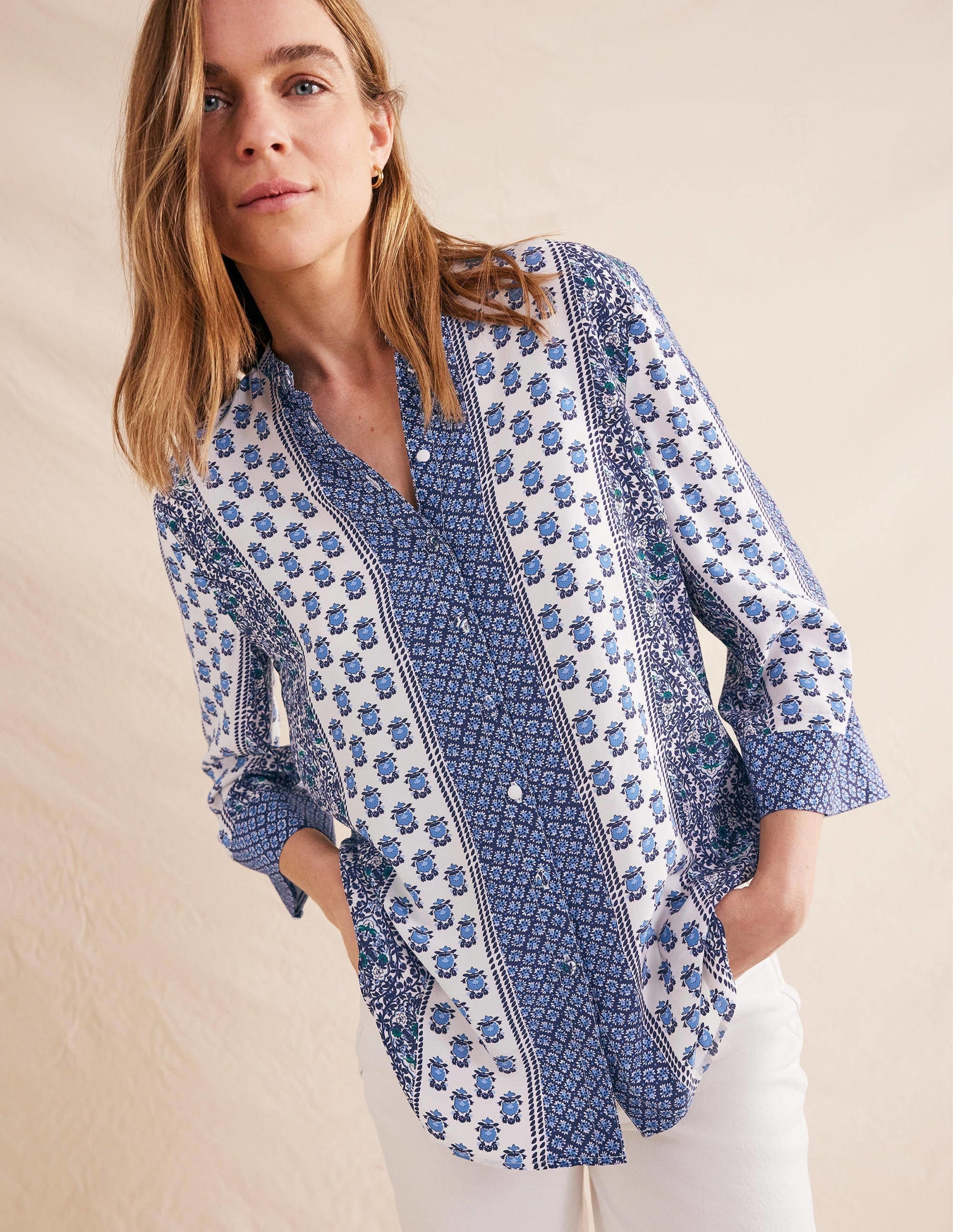Wide Sleeve Relaxed Blouse-Prussian Blue, Dainty Floret-1