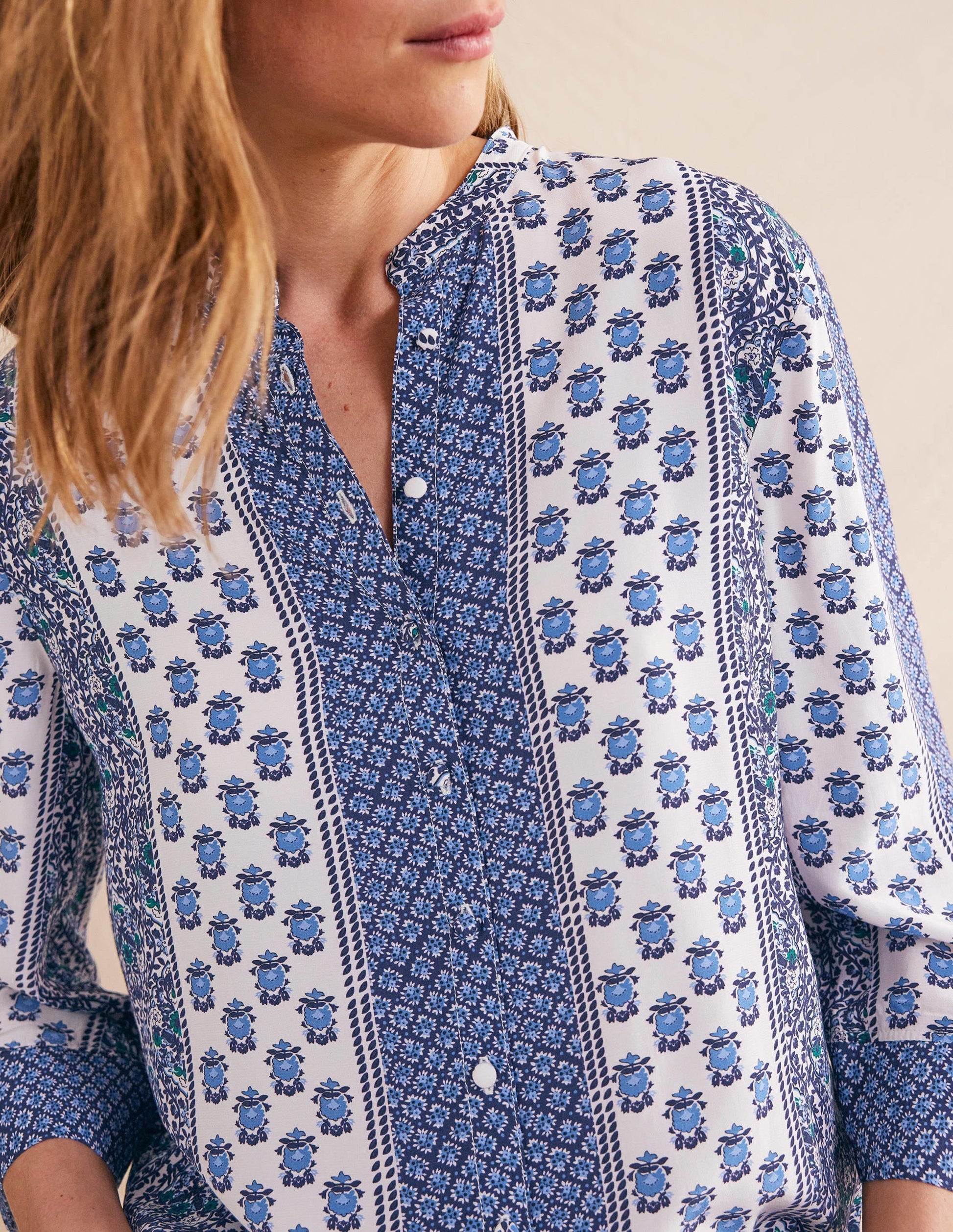 Wide Sleeve Relaxed Blouse-Prussian Blue, Dainty Floret-2