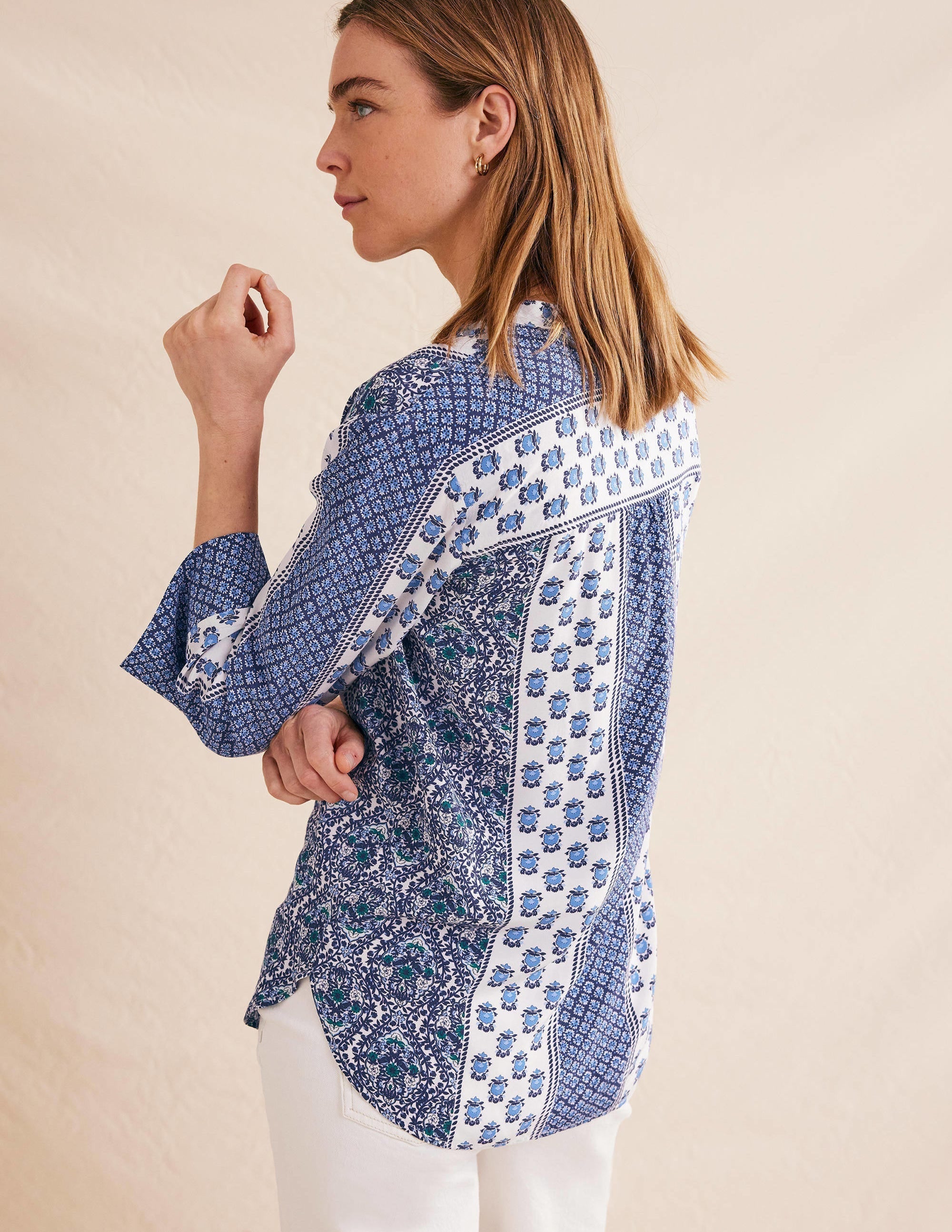 Wide Sleeve Relaxed Blouse-Prussian Blue, Dainty Floret - Image 3