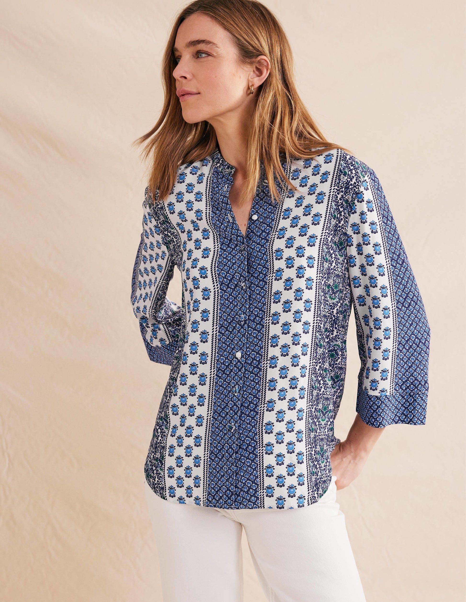 Wide Sleeve Relaxed Blouse-Prussian Blue, Dainty Floret-4