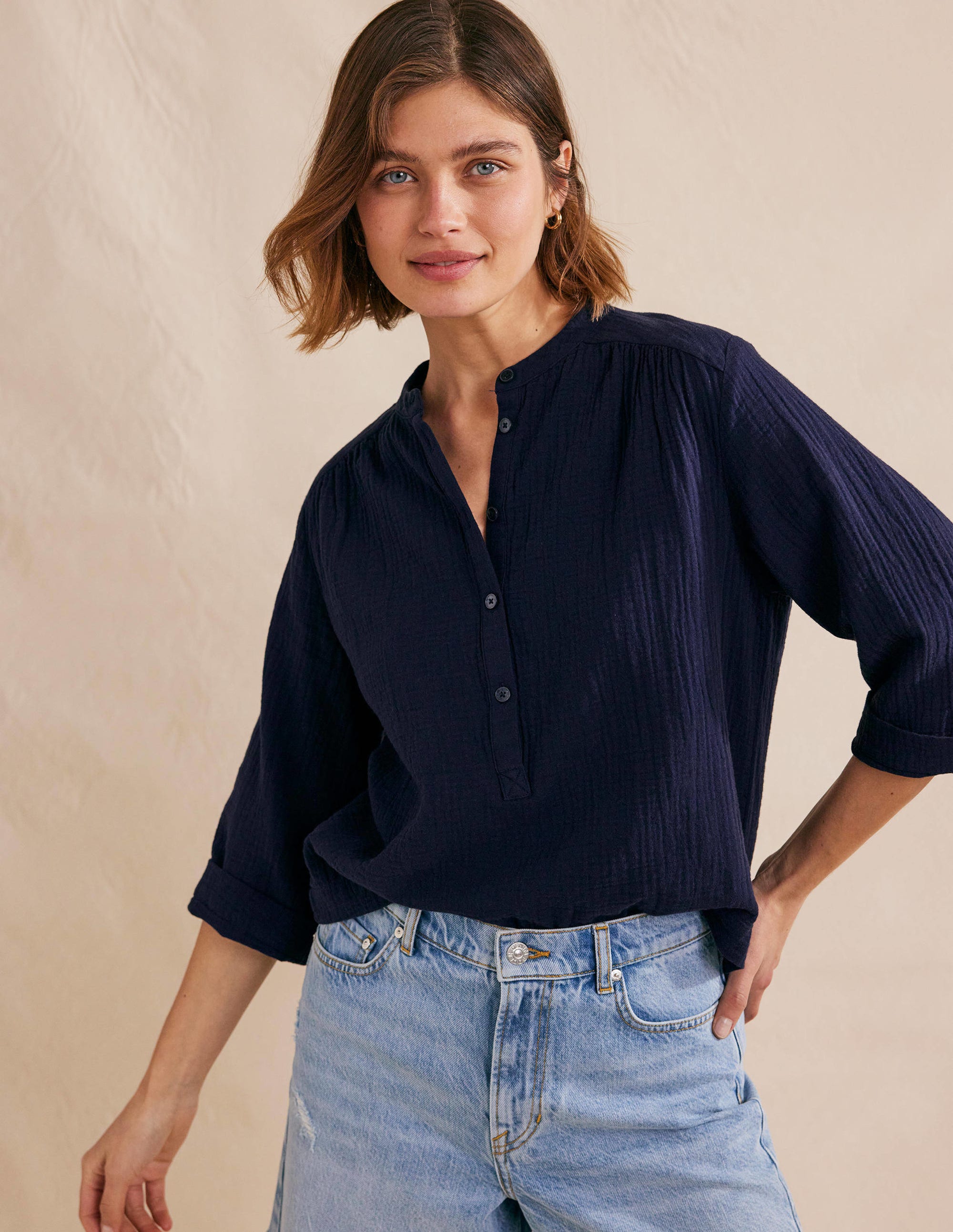 Wide Sleeve Cheesecloth Top-Navy - Image 4
