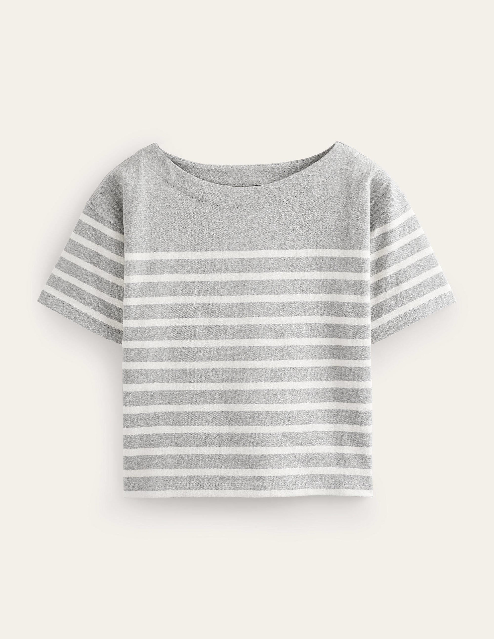 Boat Neck Striped T-Shirt-Grey Marl/ Ivory Stripe - Image 5