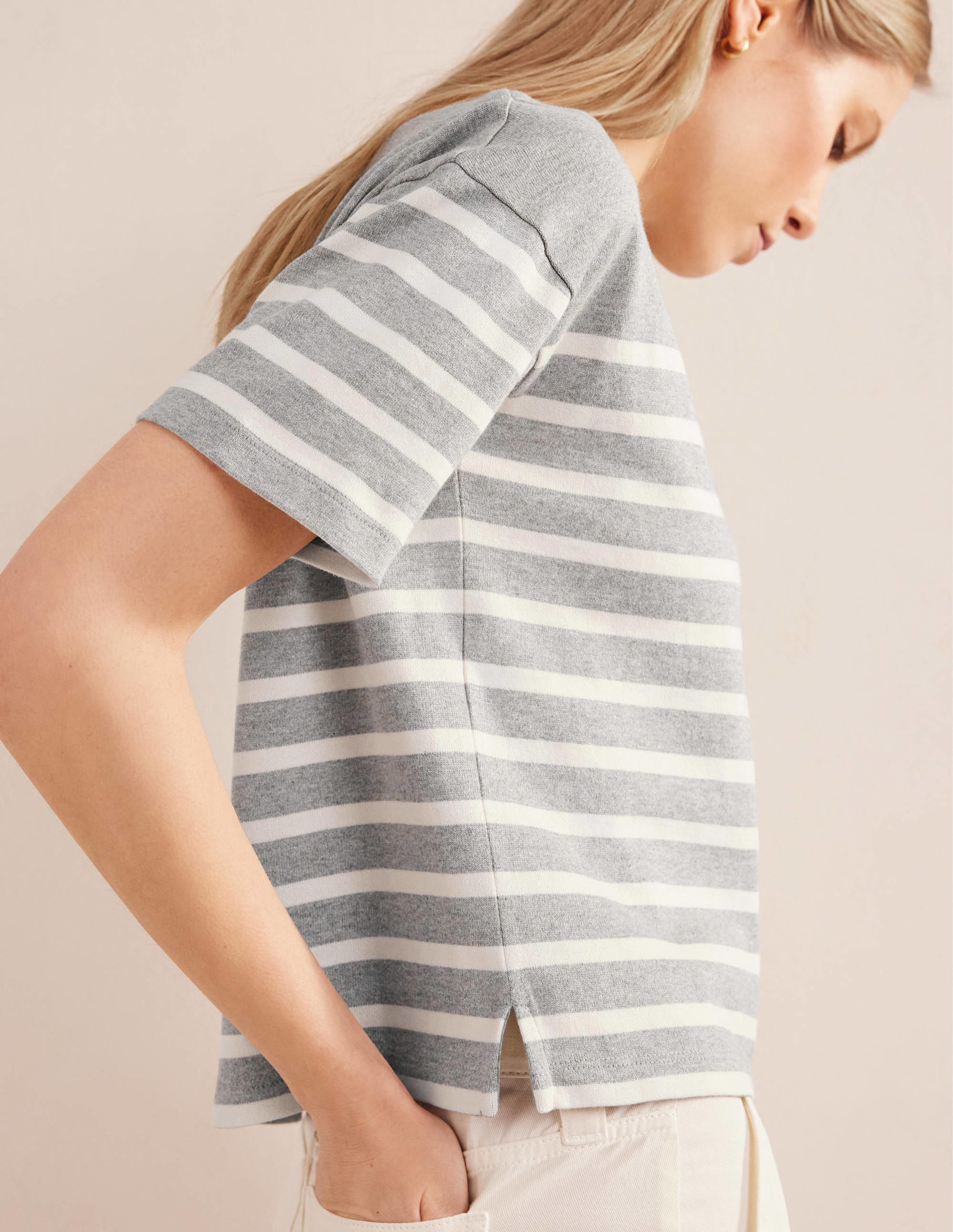 Boat Neck Striped T-Shirt-Grey Marl/ Ivory Stripe - Image 2