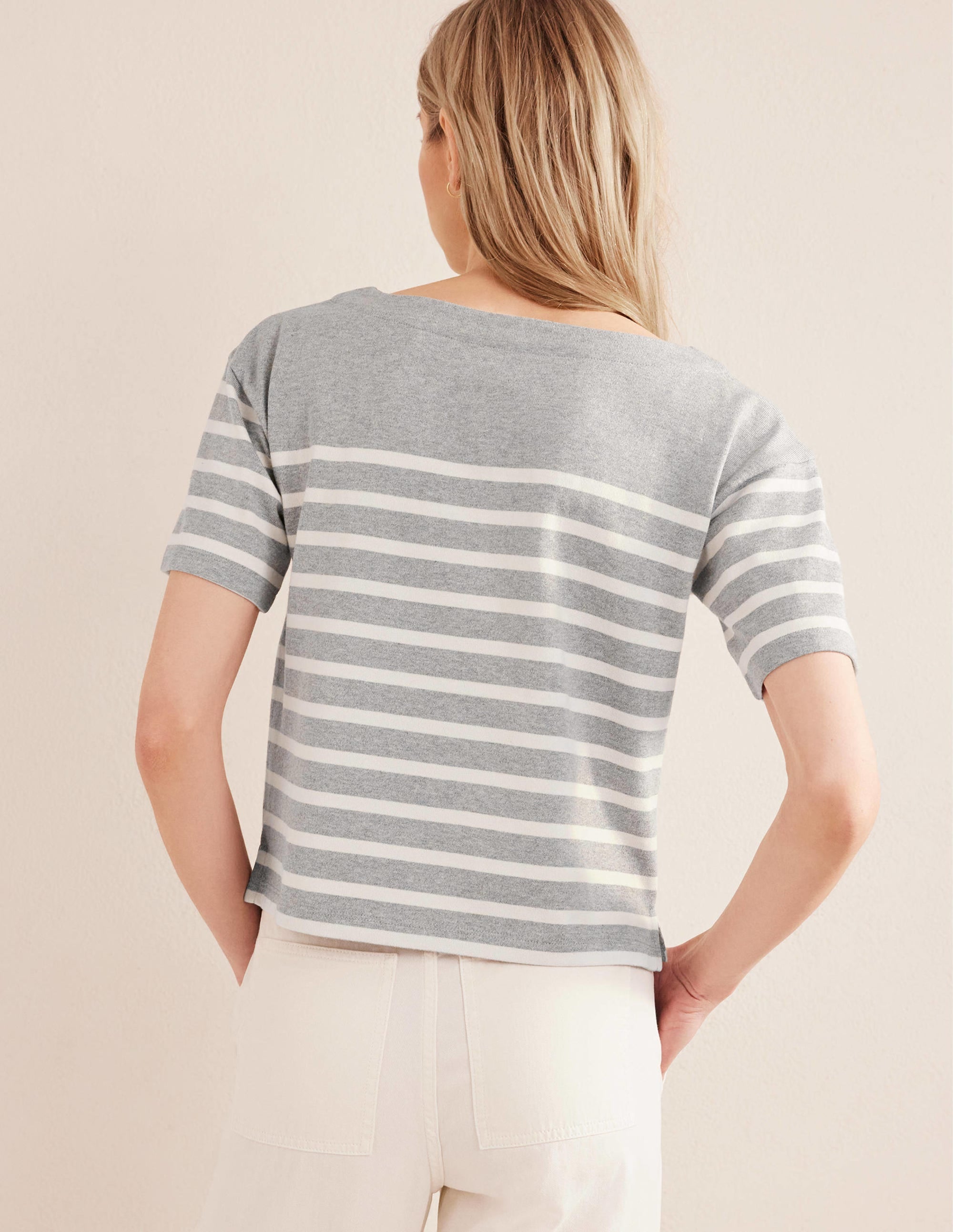 Boat Neck Striped T-Shirt-Grey Marl/ Ivory Stripe - Image 3