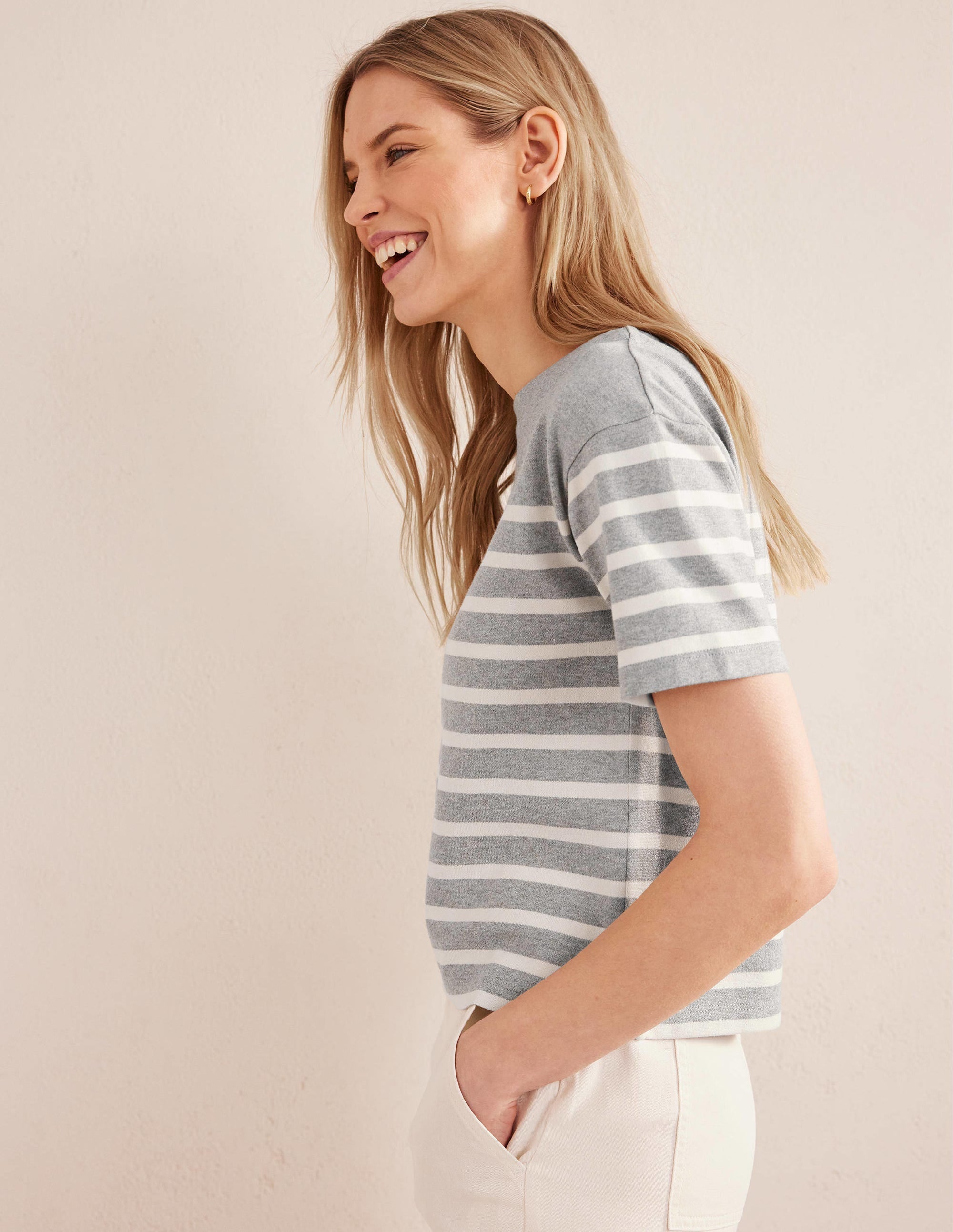 Boat Neck Striped T-Shirt-Grey Marl/ Ivory Stripe - Image 4