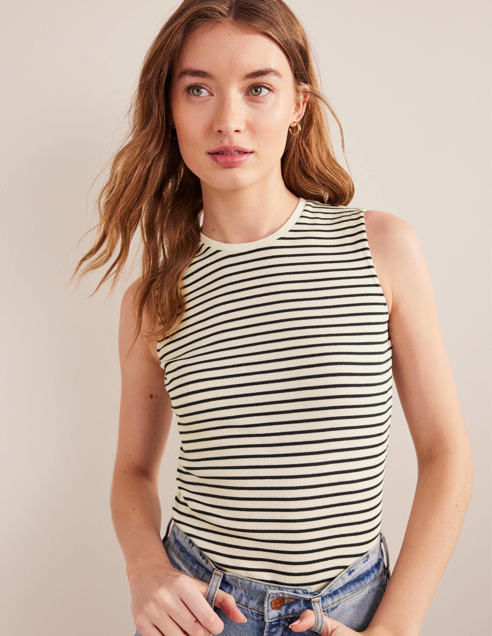 Striped Ribbed Tank Top-Ivory/Navy Stripe - Image 1