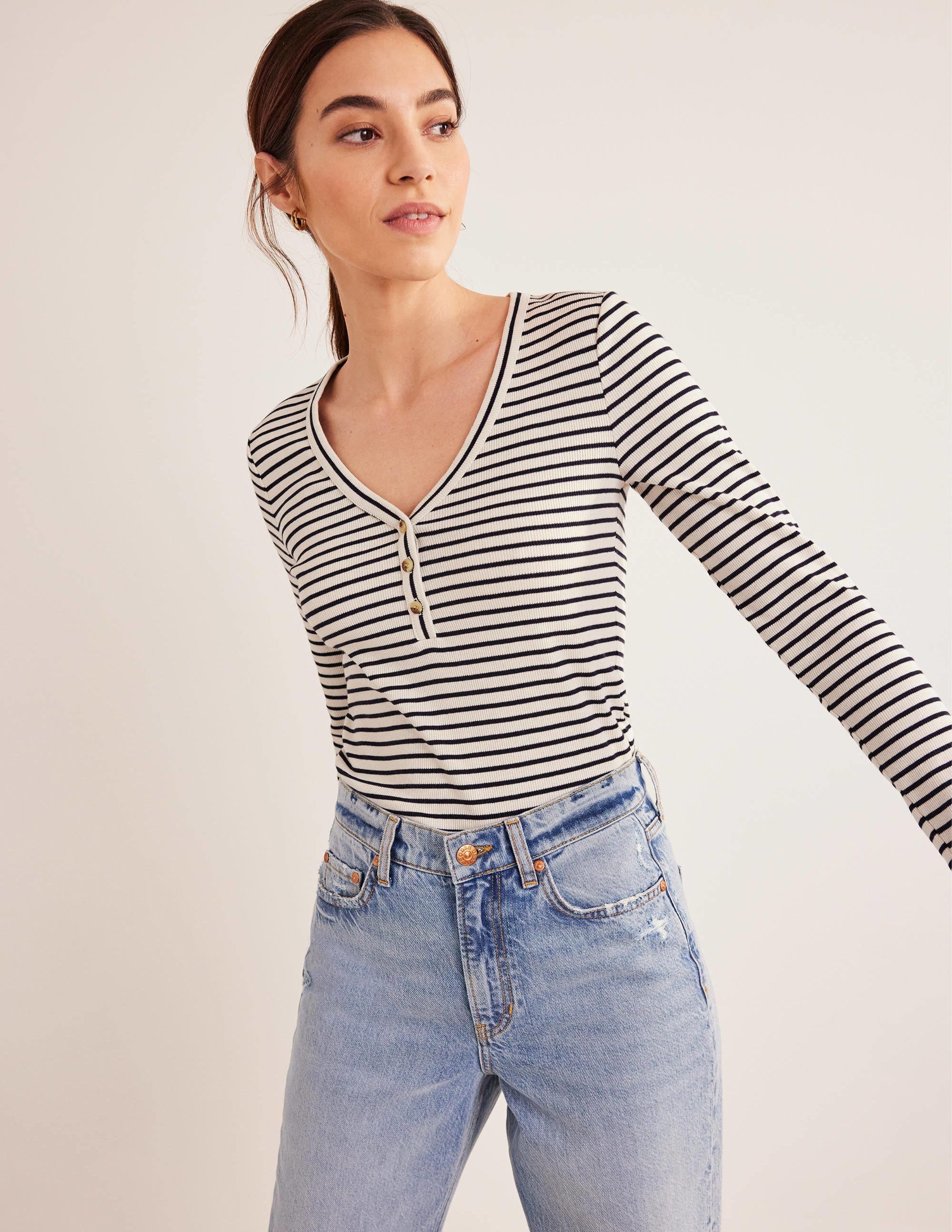 Stripe Ribbed Fitted Henley-Ivory/Navy Stripe - Image 1