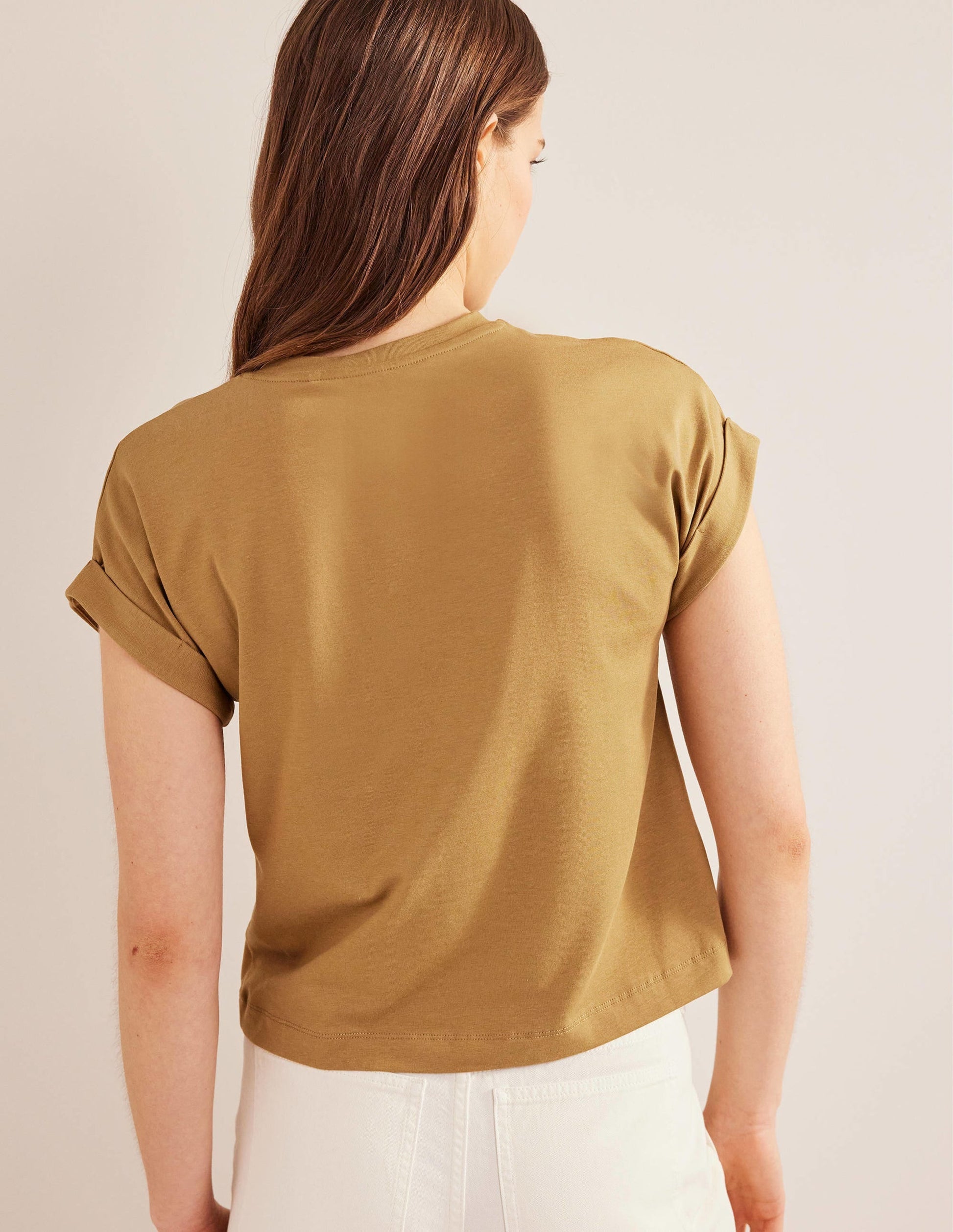 Turn Back Sleeve Crew T-Shirt-Camel-3