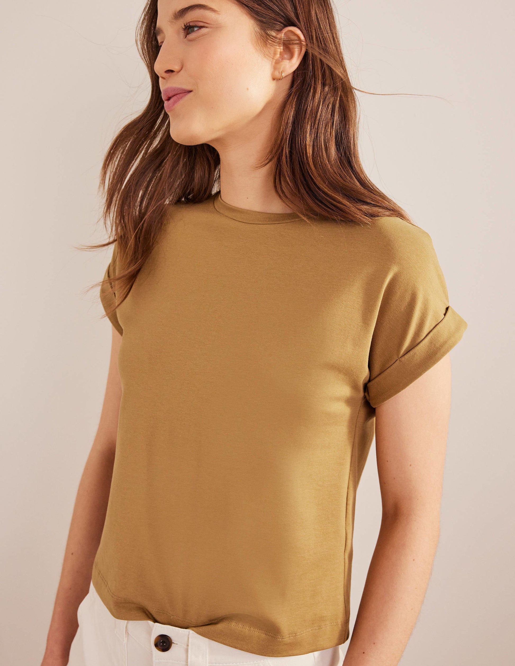 Turn Back Sleeve Crew T-Shirt-Camel-4