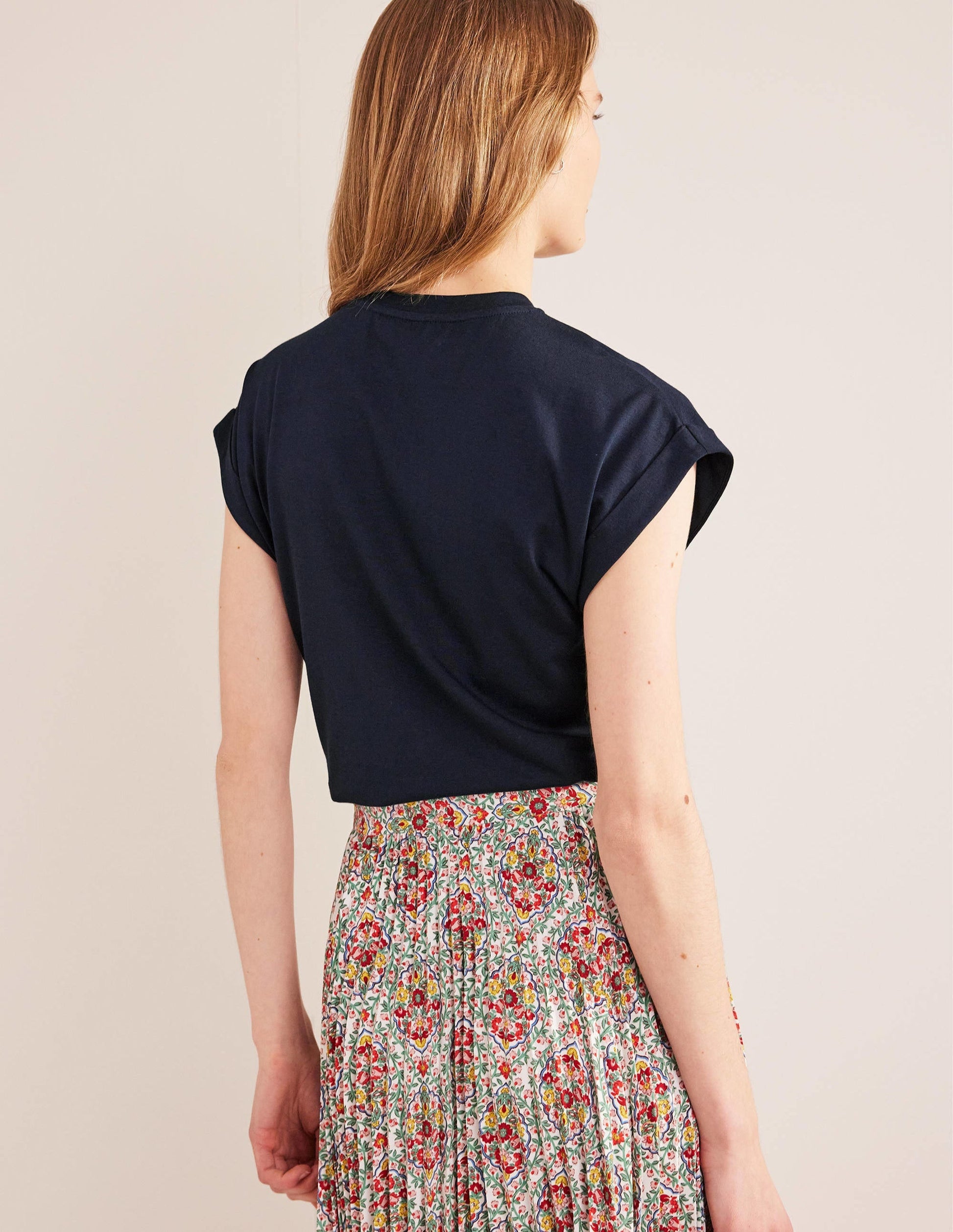 Turn Back Sleeve Crew T-Shirt-Navy-3