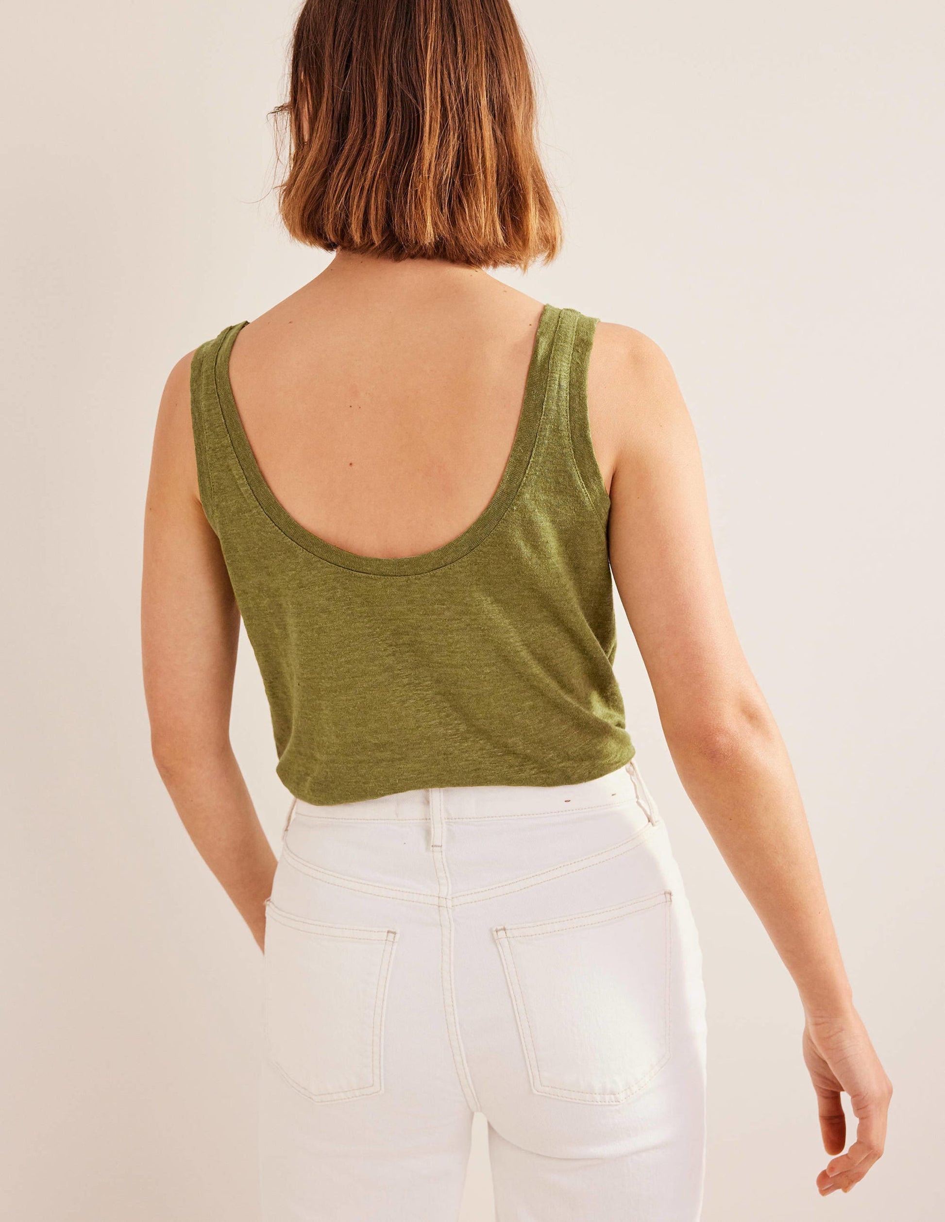 Scoop Neck Linen Tank Top-Sulphur Green-3
