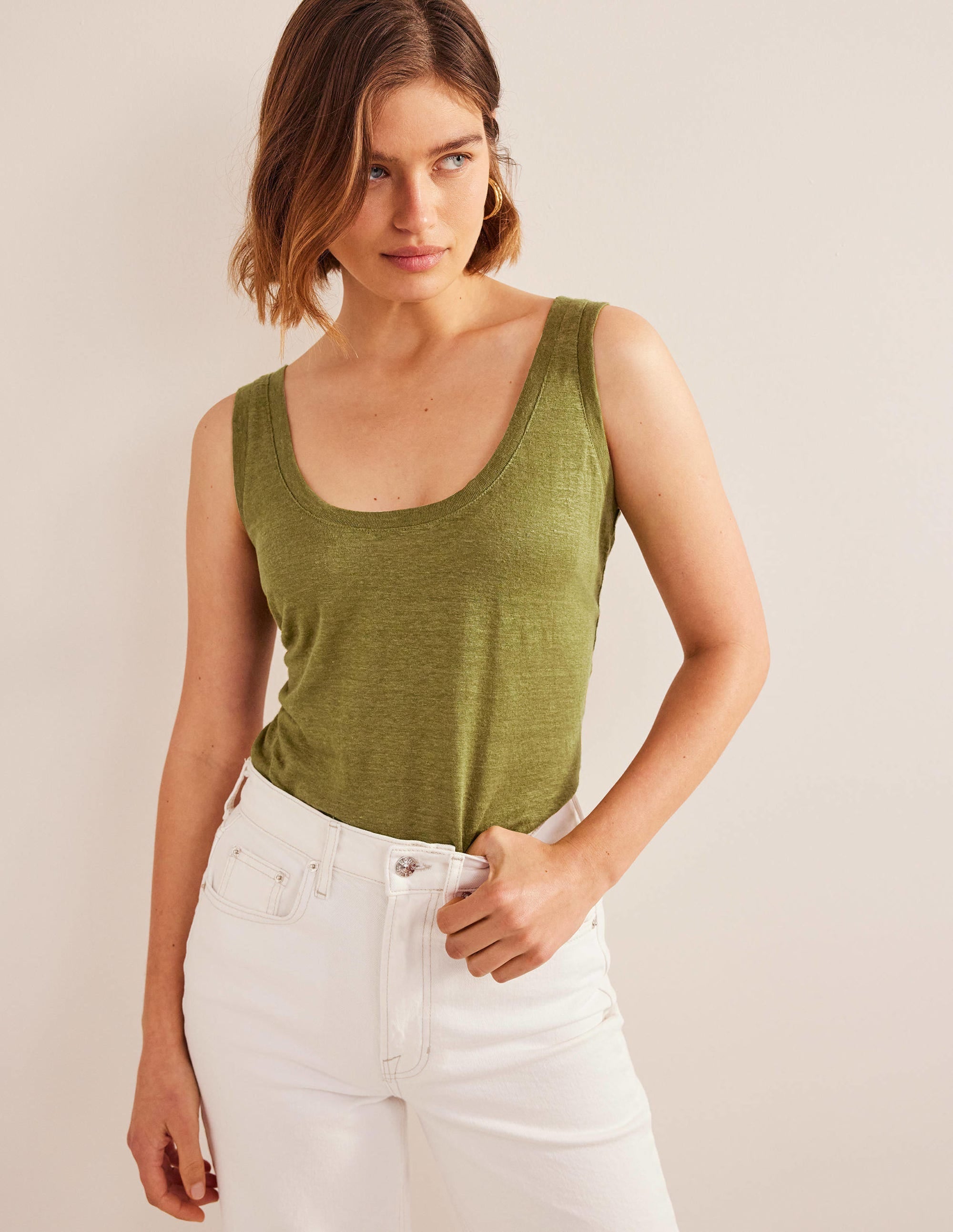 Scoop Neck Linen Tank Top-Sulphur Green - Image 4