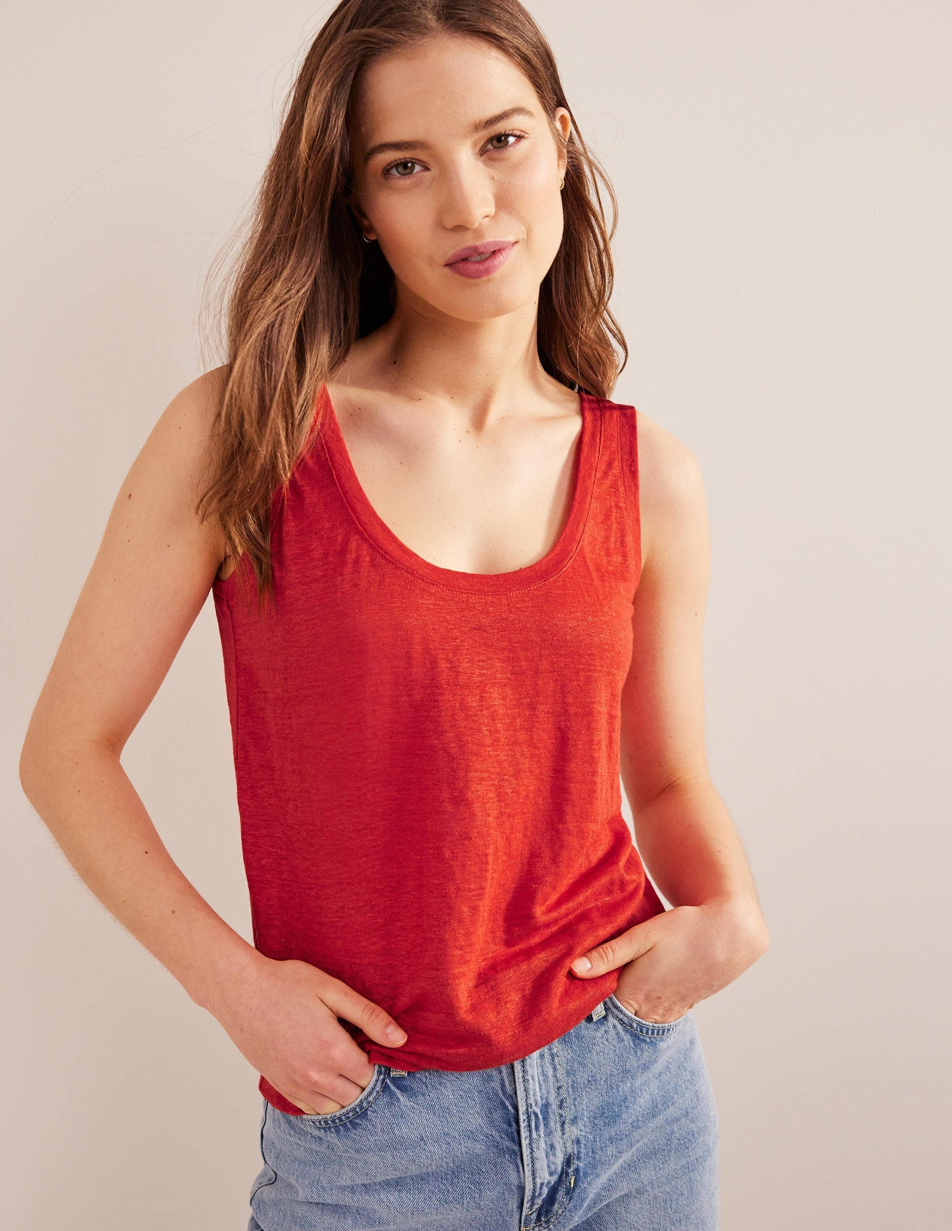 Scoop Neck Linen Tank Top-Tomato-1