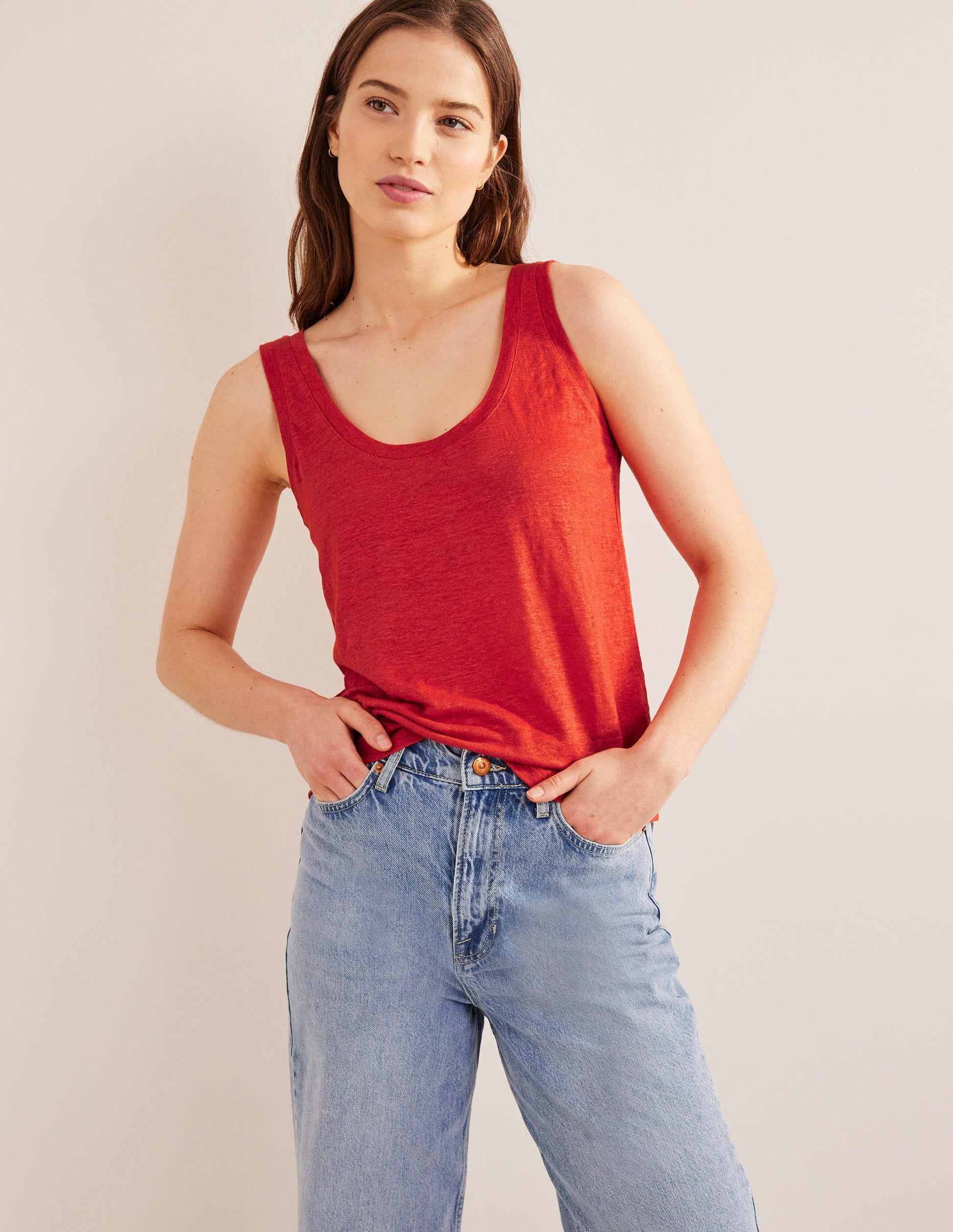 Scoop Neck Linen Tank Top-Tomato-4