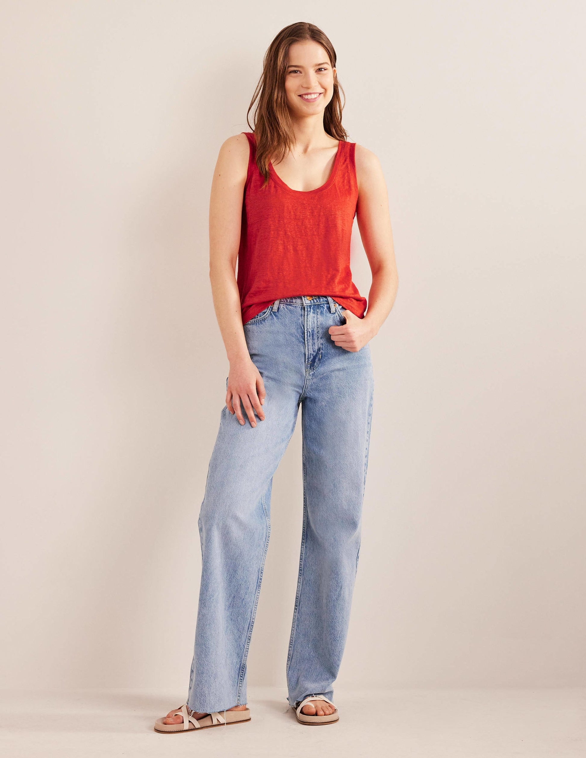 Scoop Neck Linen Tank Top-Tomato-5