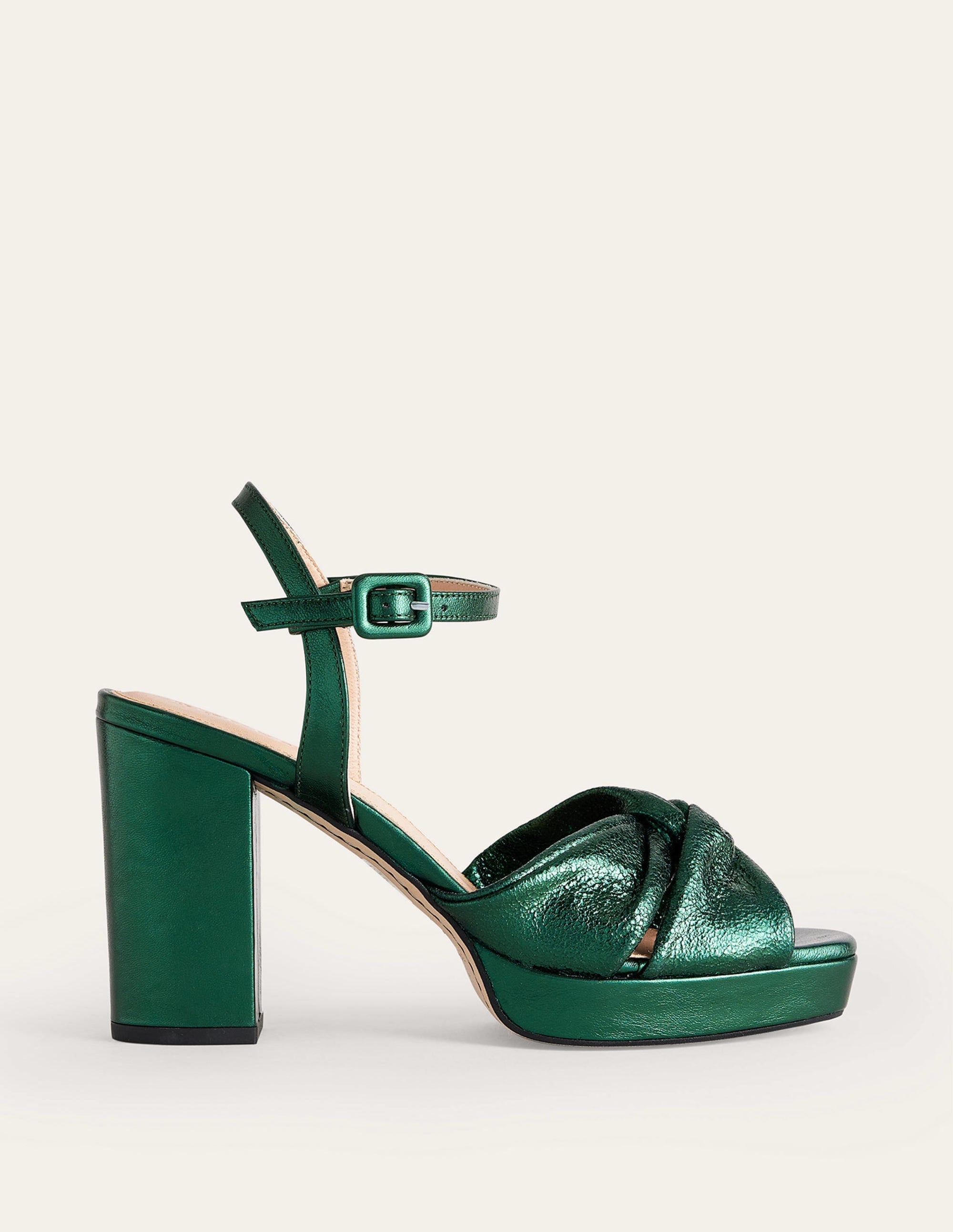 Twist-Front Heeled Platforms-Winter Green Metallic Leather - Image 1