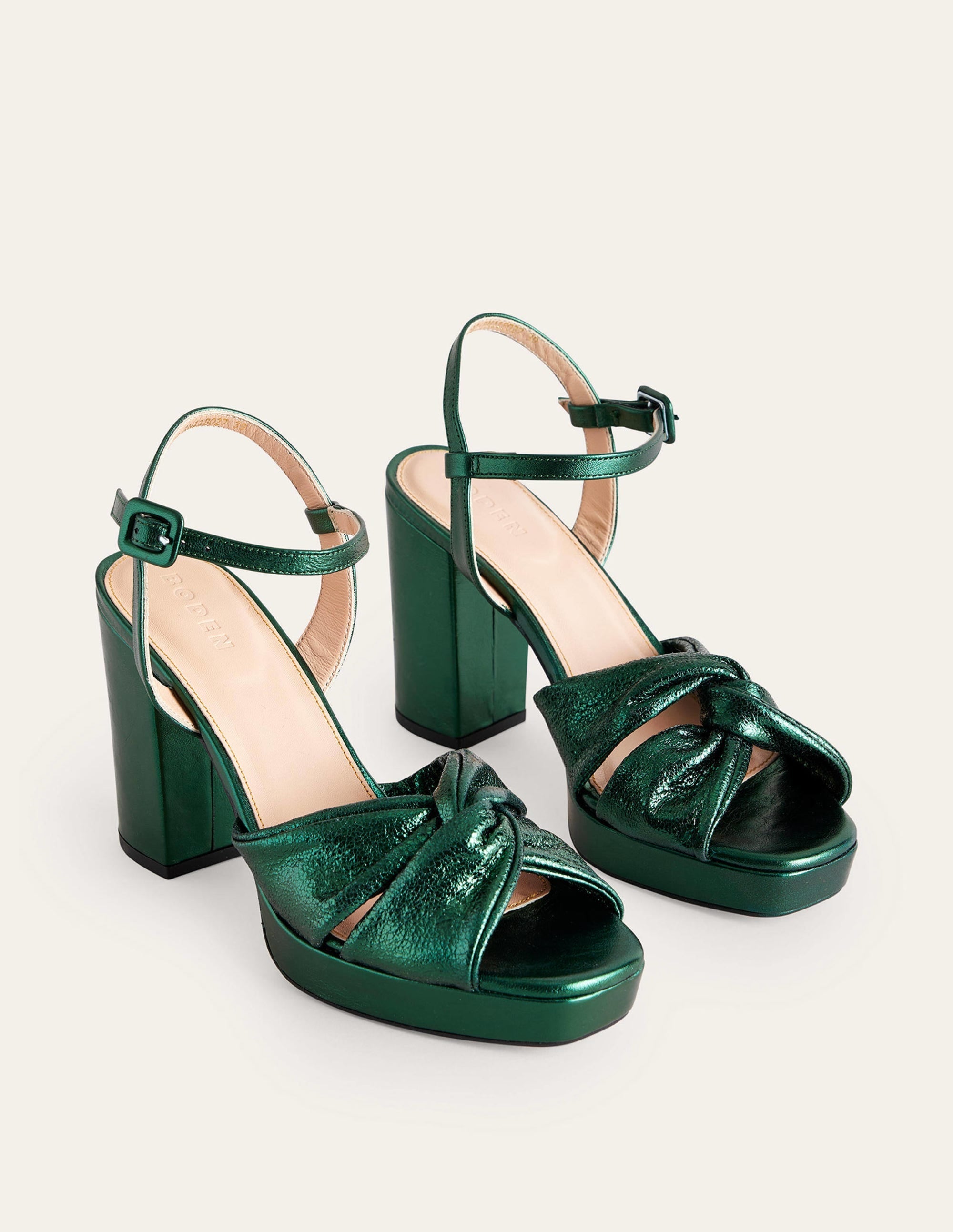 Twist-Front Heeled Platforms-Winter Green Metallic Leather - Image 2