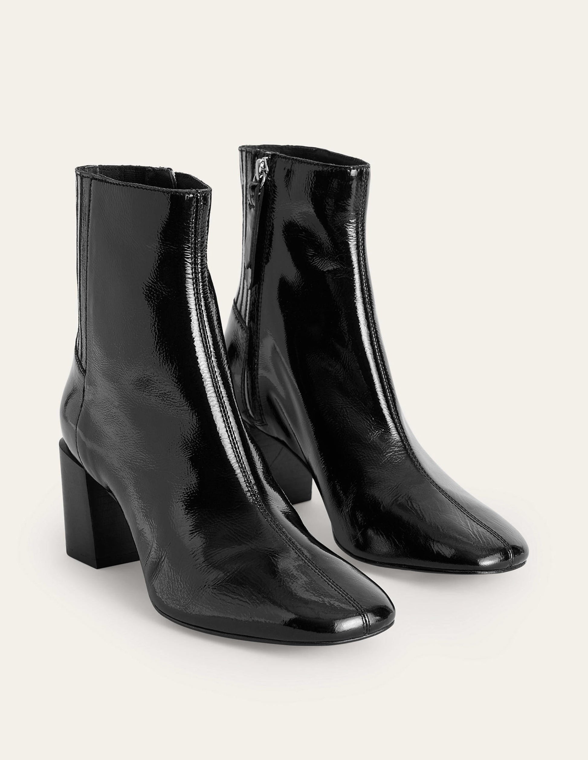 Block-Heel Leather Ankle Boots-Black Patent-2