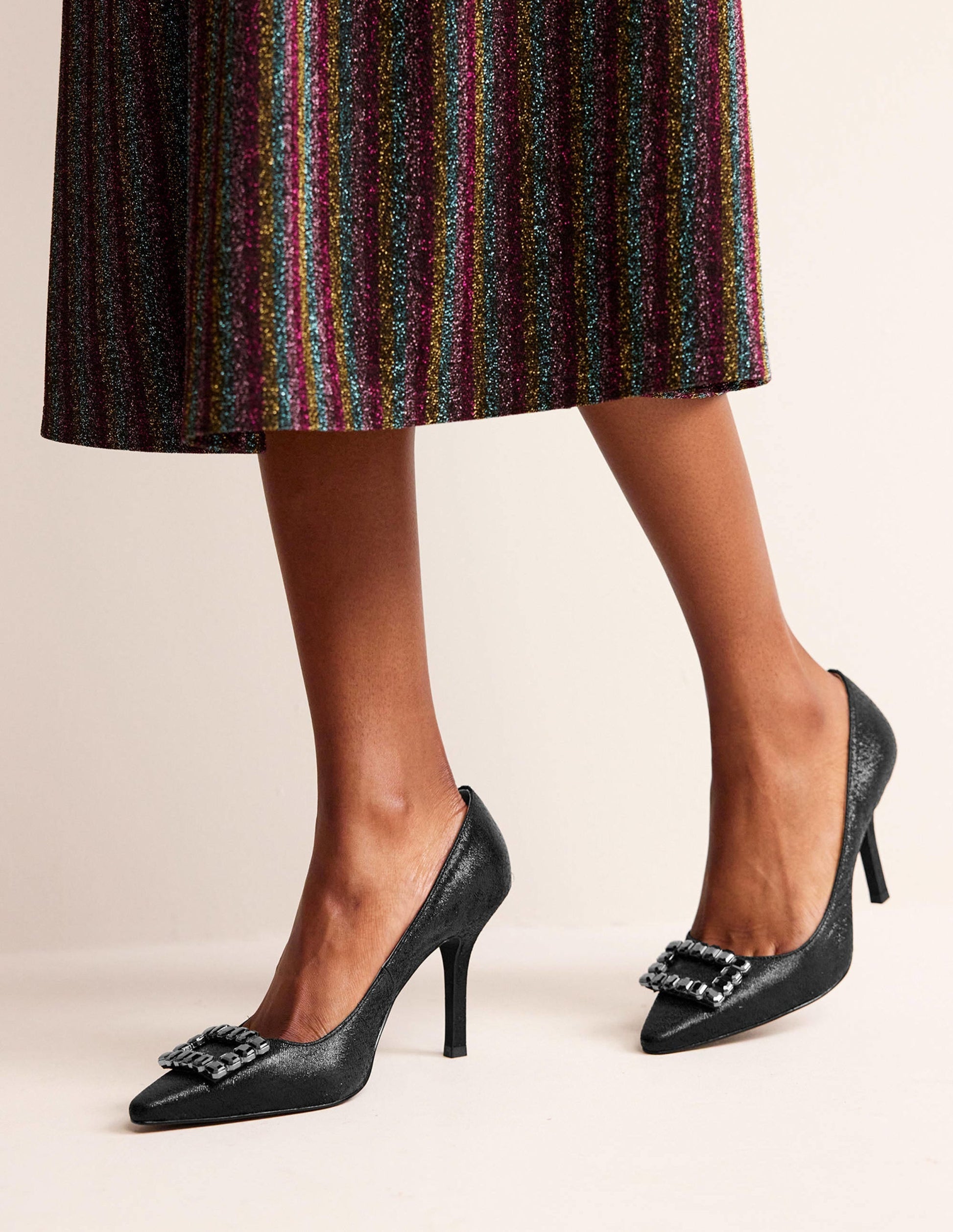 Jewelled Heeled Court Shoes-Black Metallic-1
