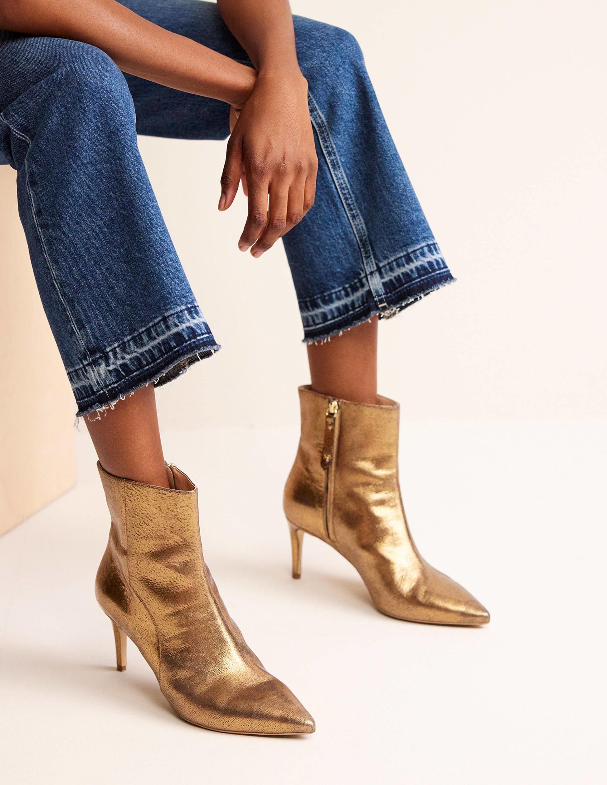 Pointed-Toe Ankle Boots-Gold Metallic Leather-1