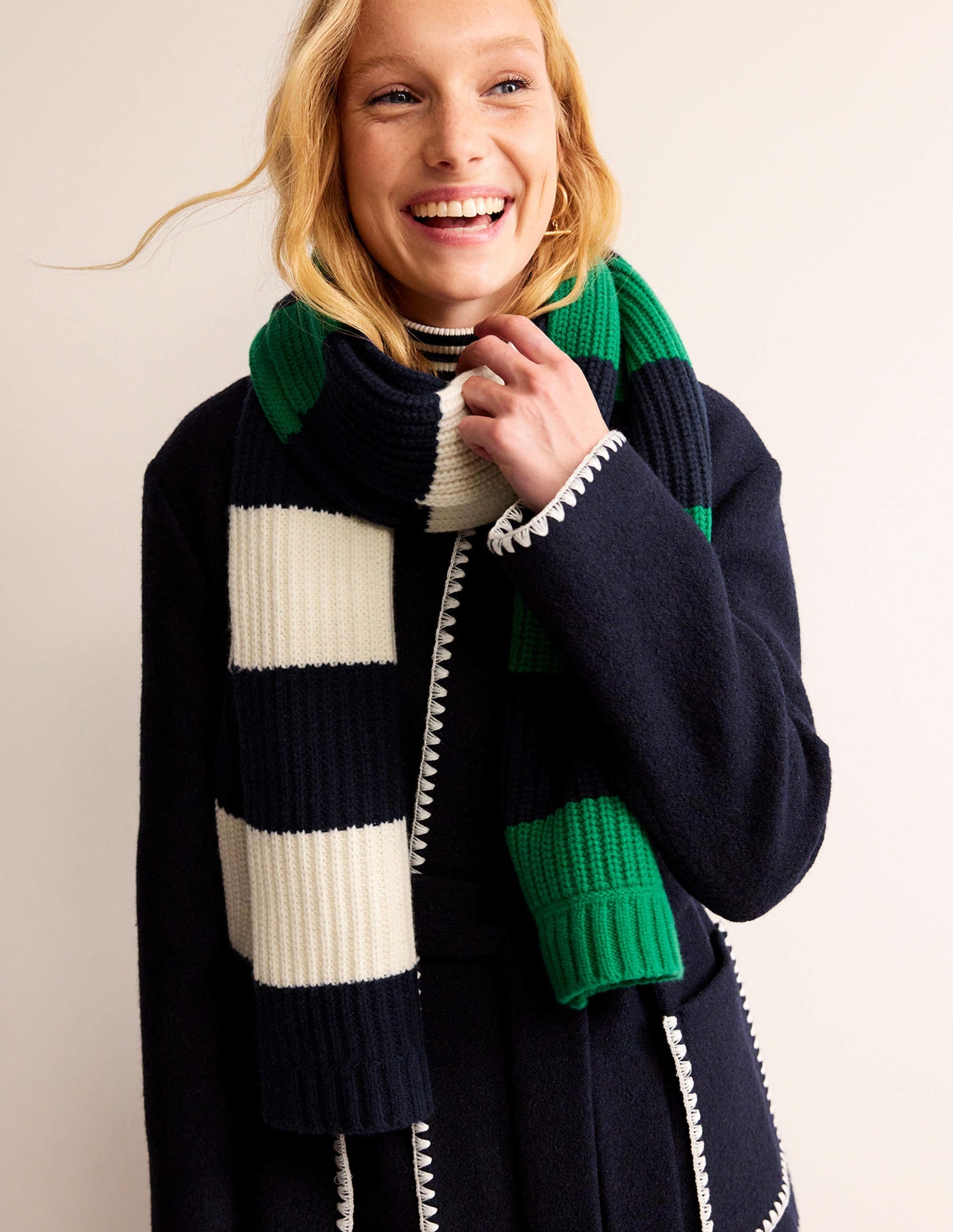 Hotch Potch Scarf-Navy, Veridian Green and Ivory - Image 1