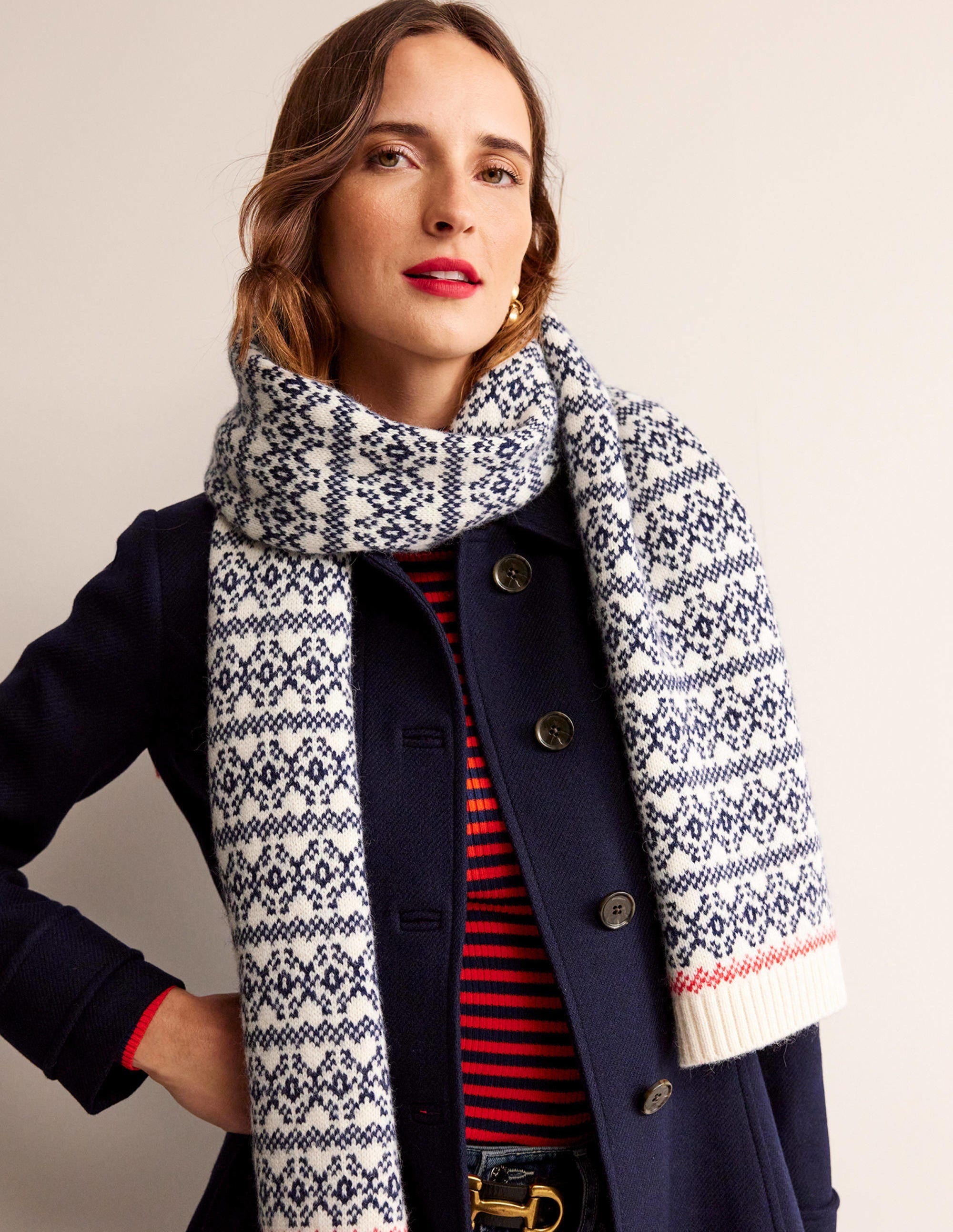 Fair Isle Wool Scarf-Navy/ Oatmeal Fairisle - Image 1