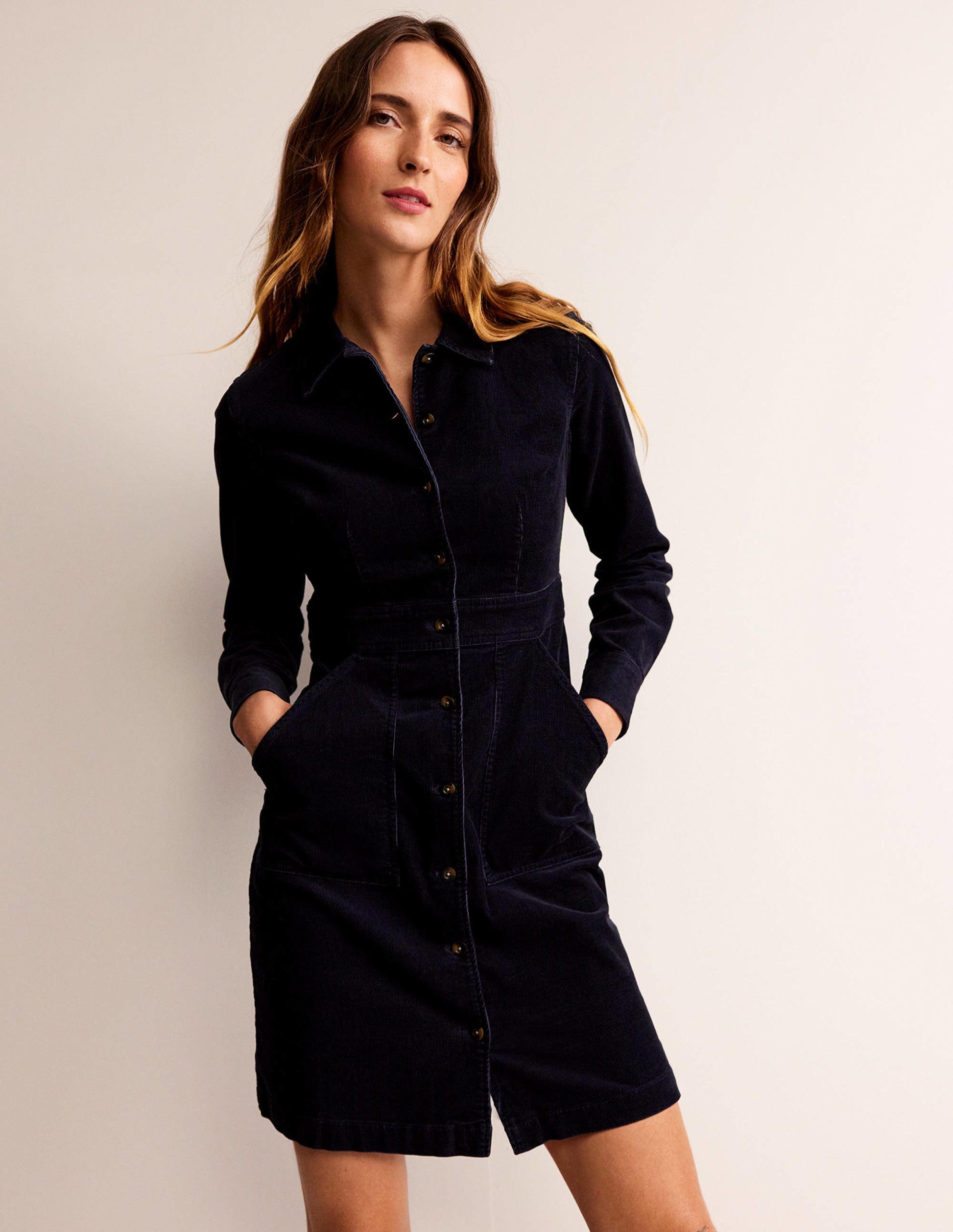 Flora Cord Shirt Dress-Navy-1