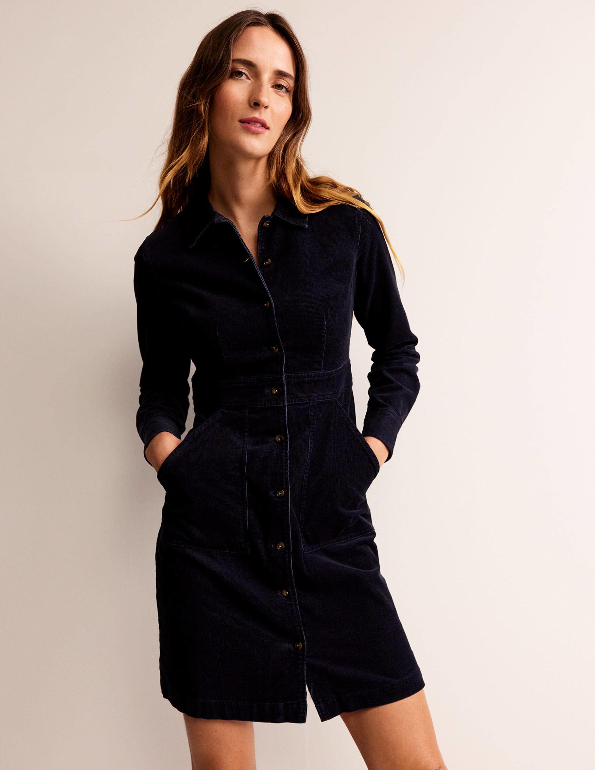Flora Cord Shirt Dress-Navy - Image 1