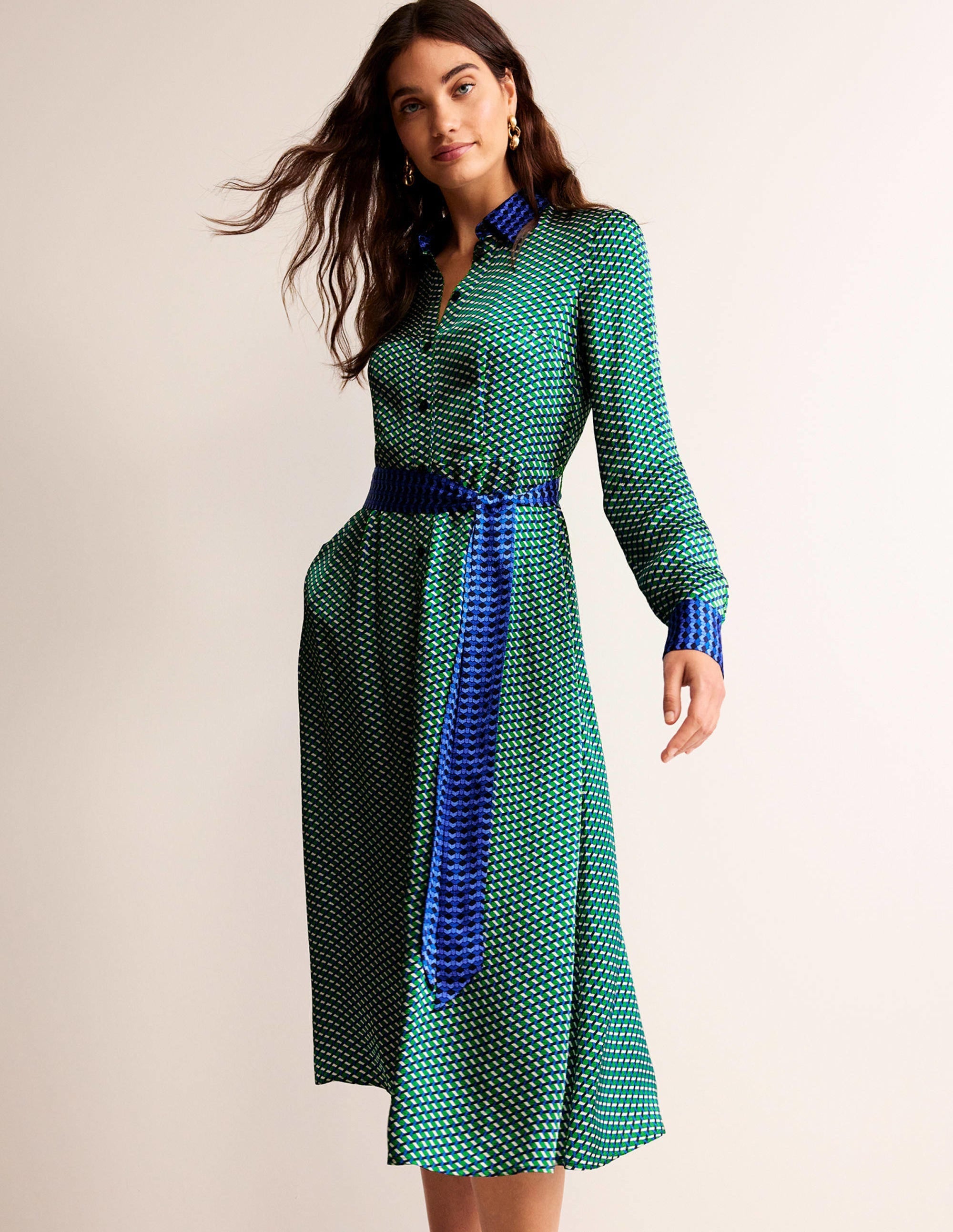 Kate Satin Shirt Dress-Bright Green, Geo Daze - Image 1