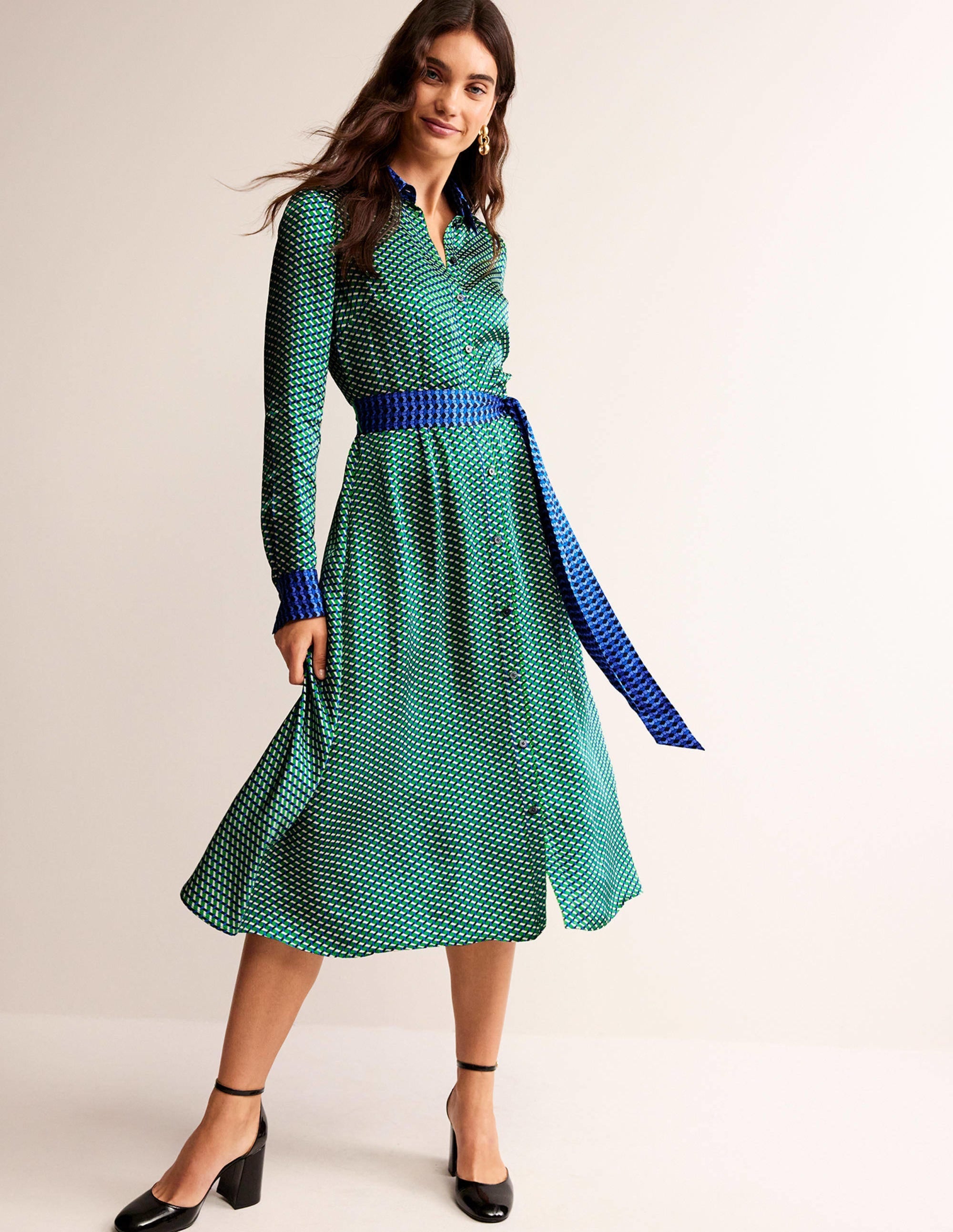 Kate Satin Shirt Dress-Bright Green, Geo Daze - Image 4