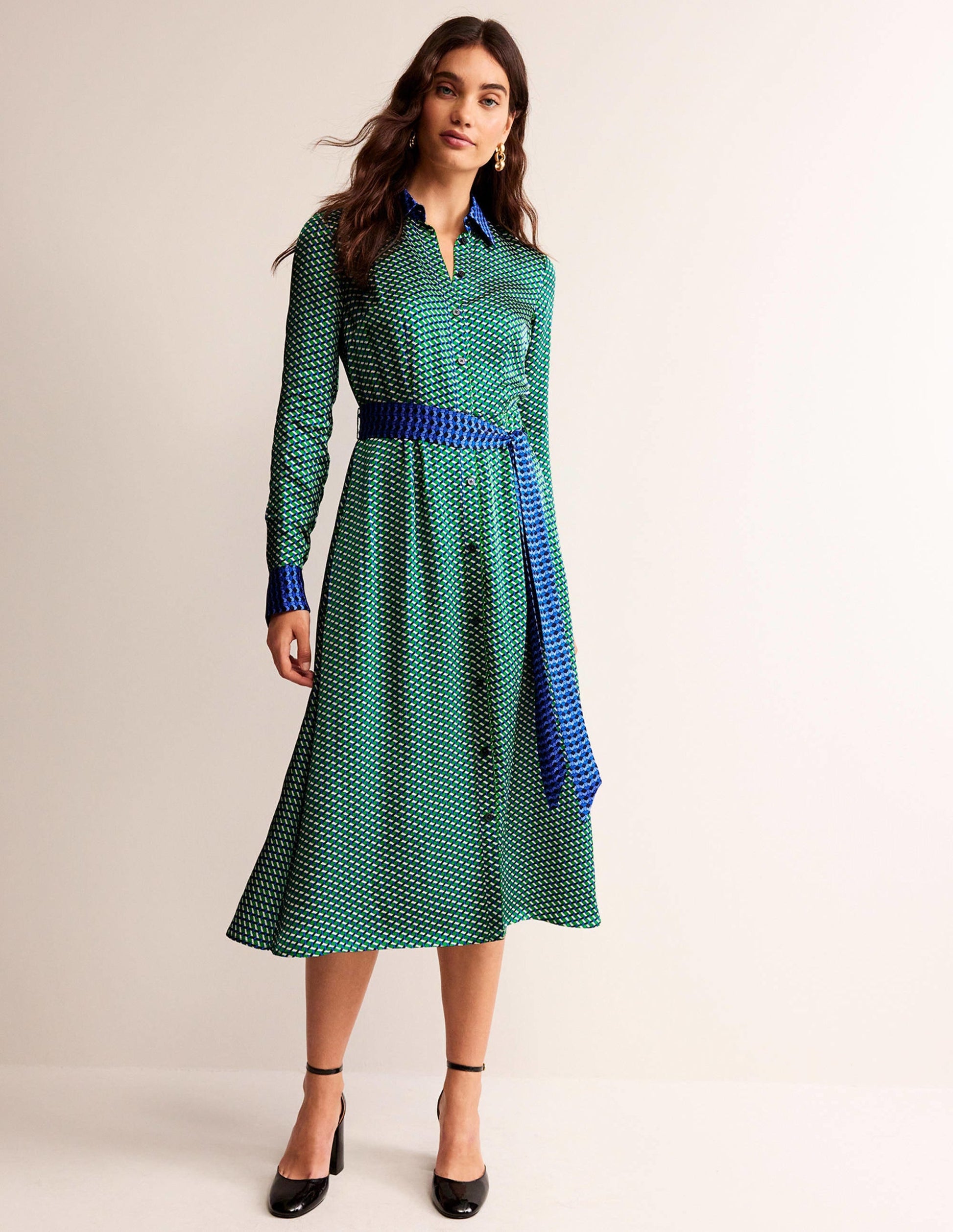 Kate Satin Shirt Dress-Bright Green, Geo Daze-5