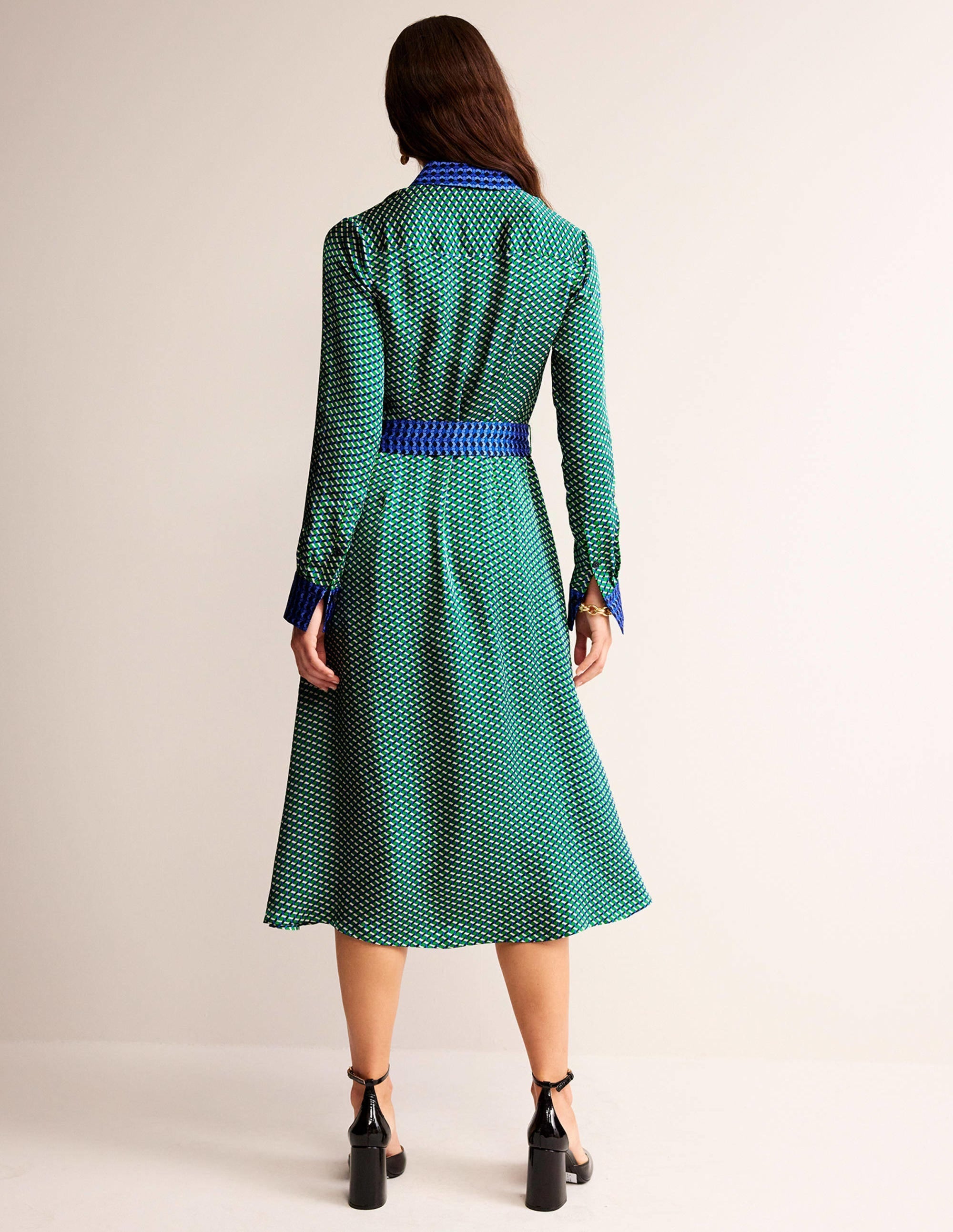 Kate Satin Shirt Dress-Bright Green, Geo Daze - Image 6