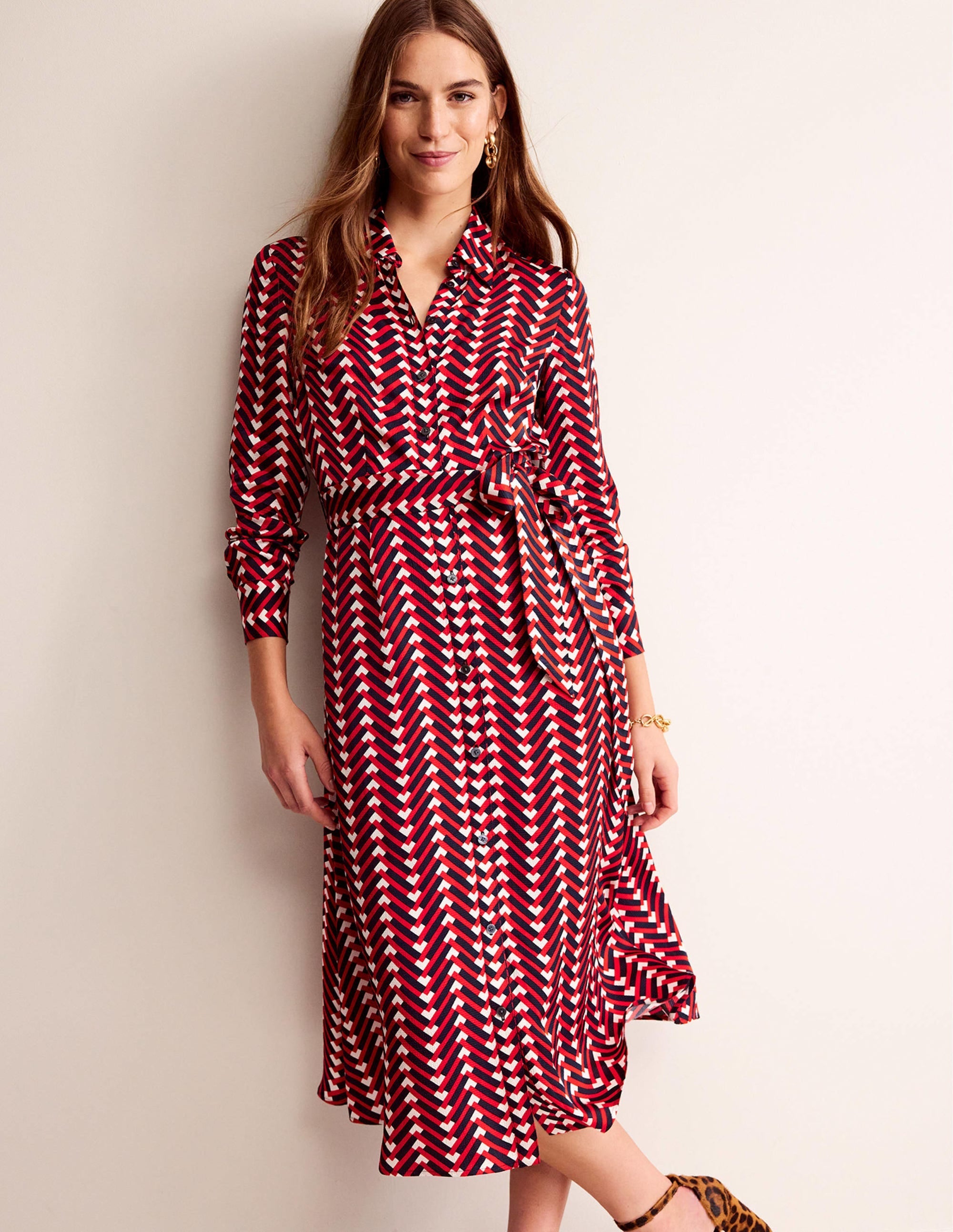 Kate Satin Shirt Dress-Hot Pepper, Chevron Geo - Image 4