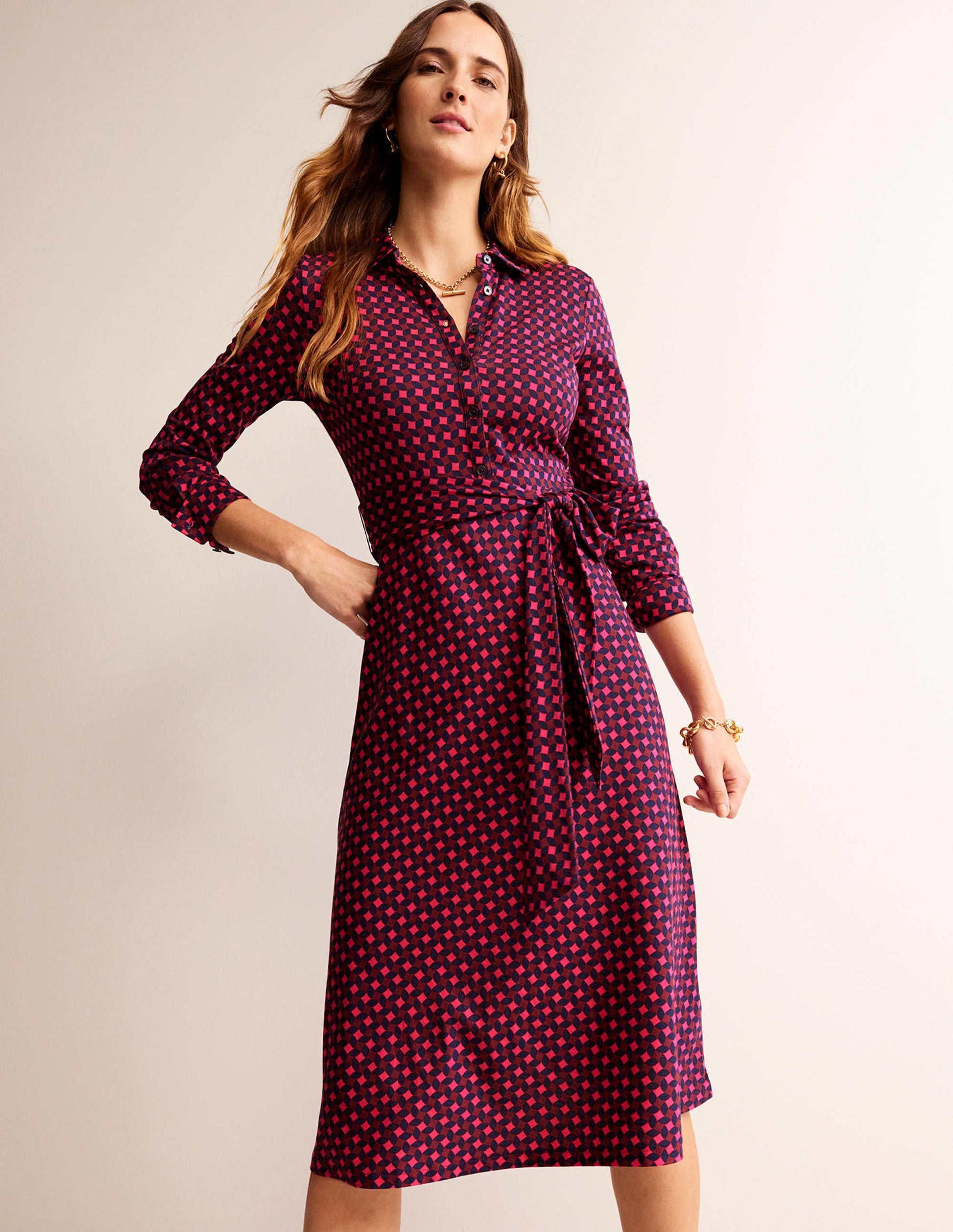 Laura Jersey Midi Shress-Vibrant Pink, Abstract Diamond-1