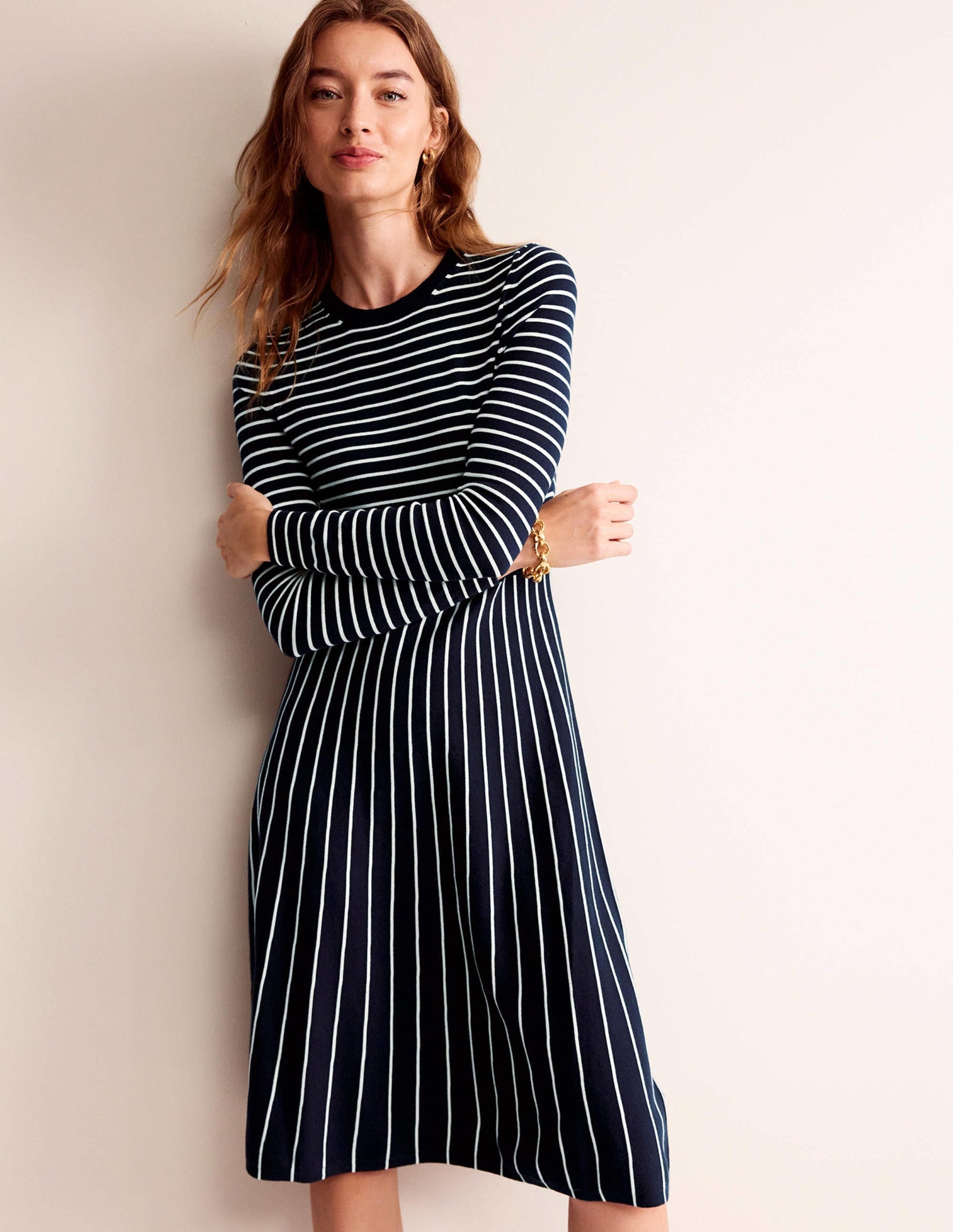 Maria Knitted Midi Dress-Navy and Ivory-1