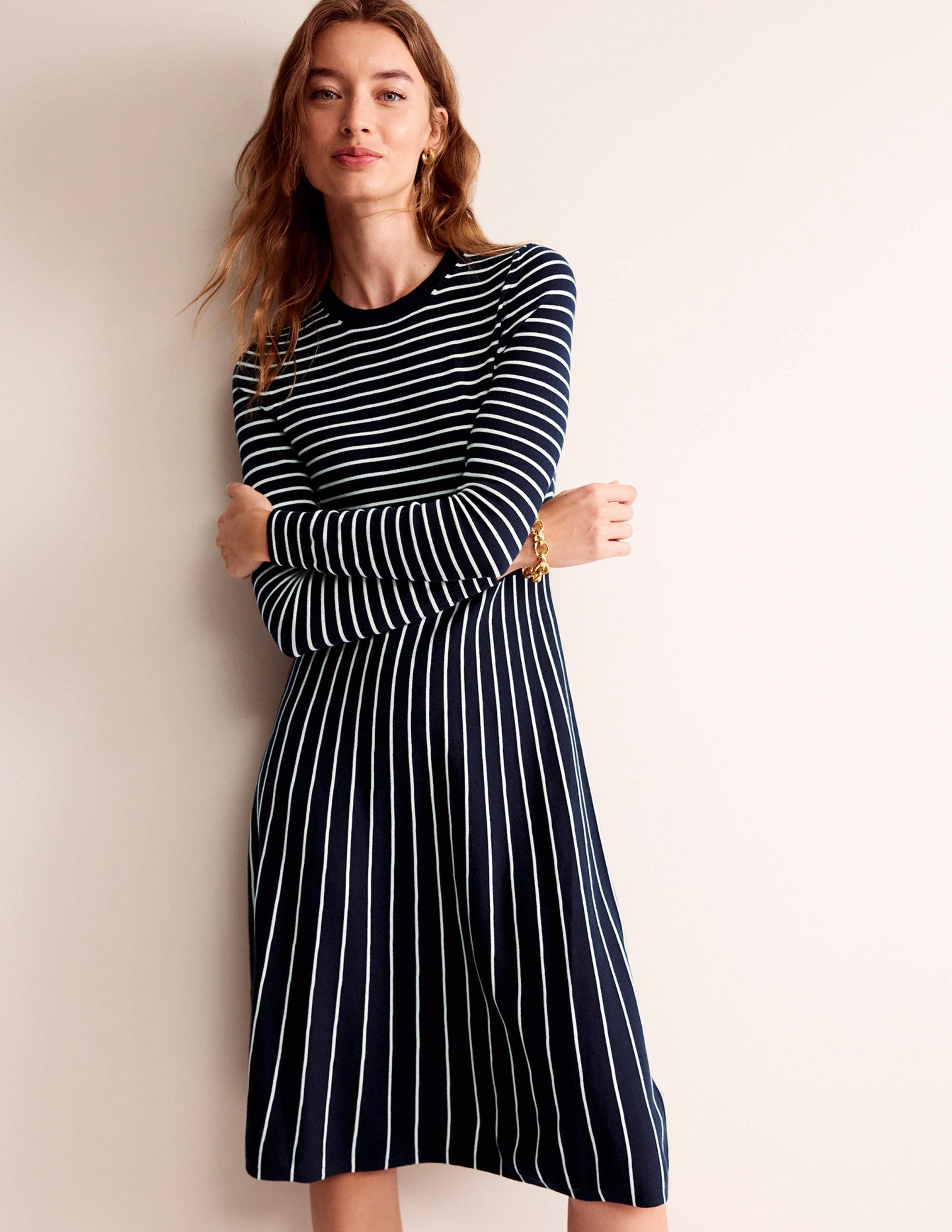 Maria Knitted Midi Dress-Navy and Ivory - Image 1